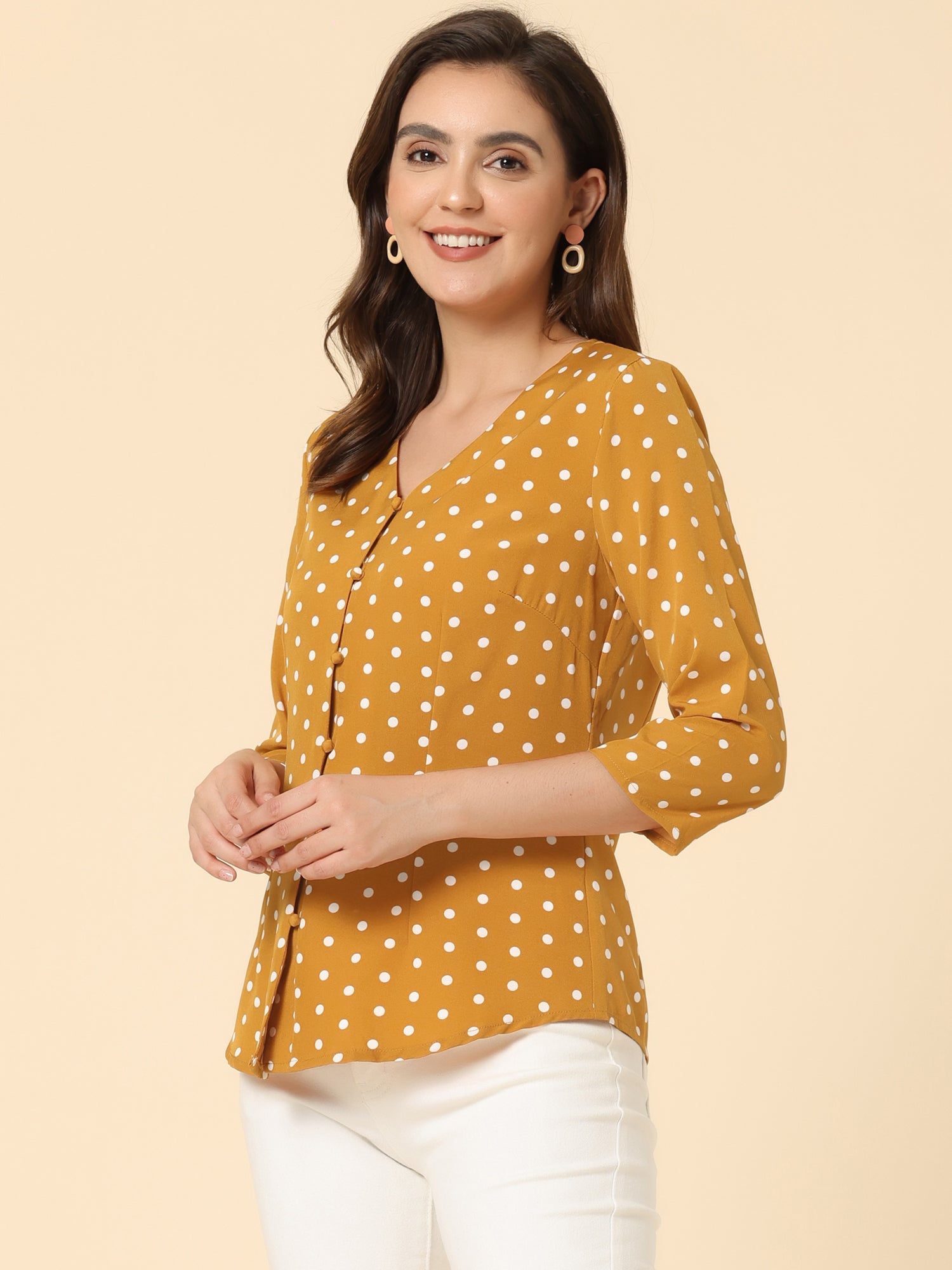 Polka Dots 3/4 Sleeve Button Front Vintage Office Blouse Top