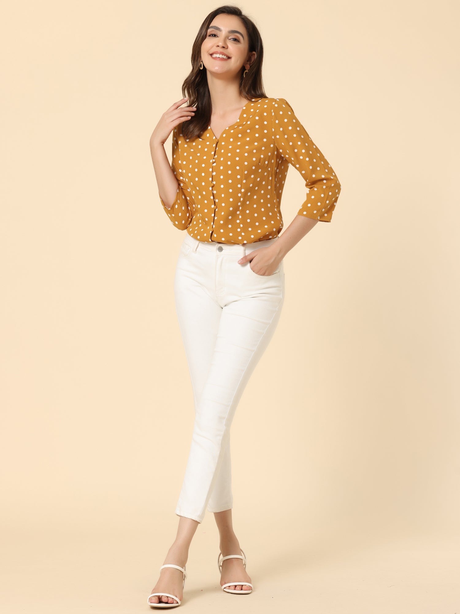 Polka Dots 3/4 Sleeve Button Front Vintage Office Blouse Top