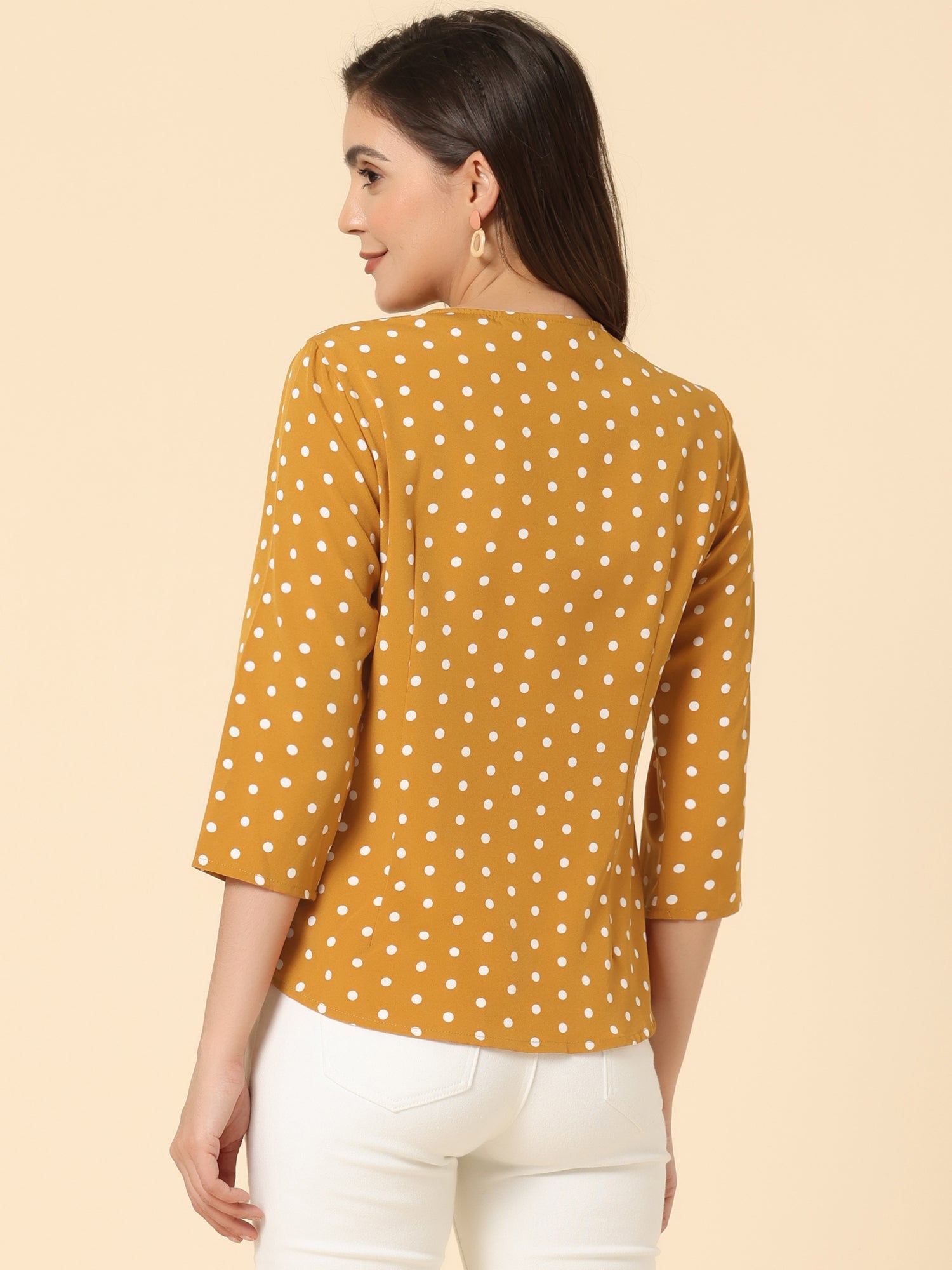 Polka Dots 3/4 Sleeve Button Front Vintage Office Blouse Top