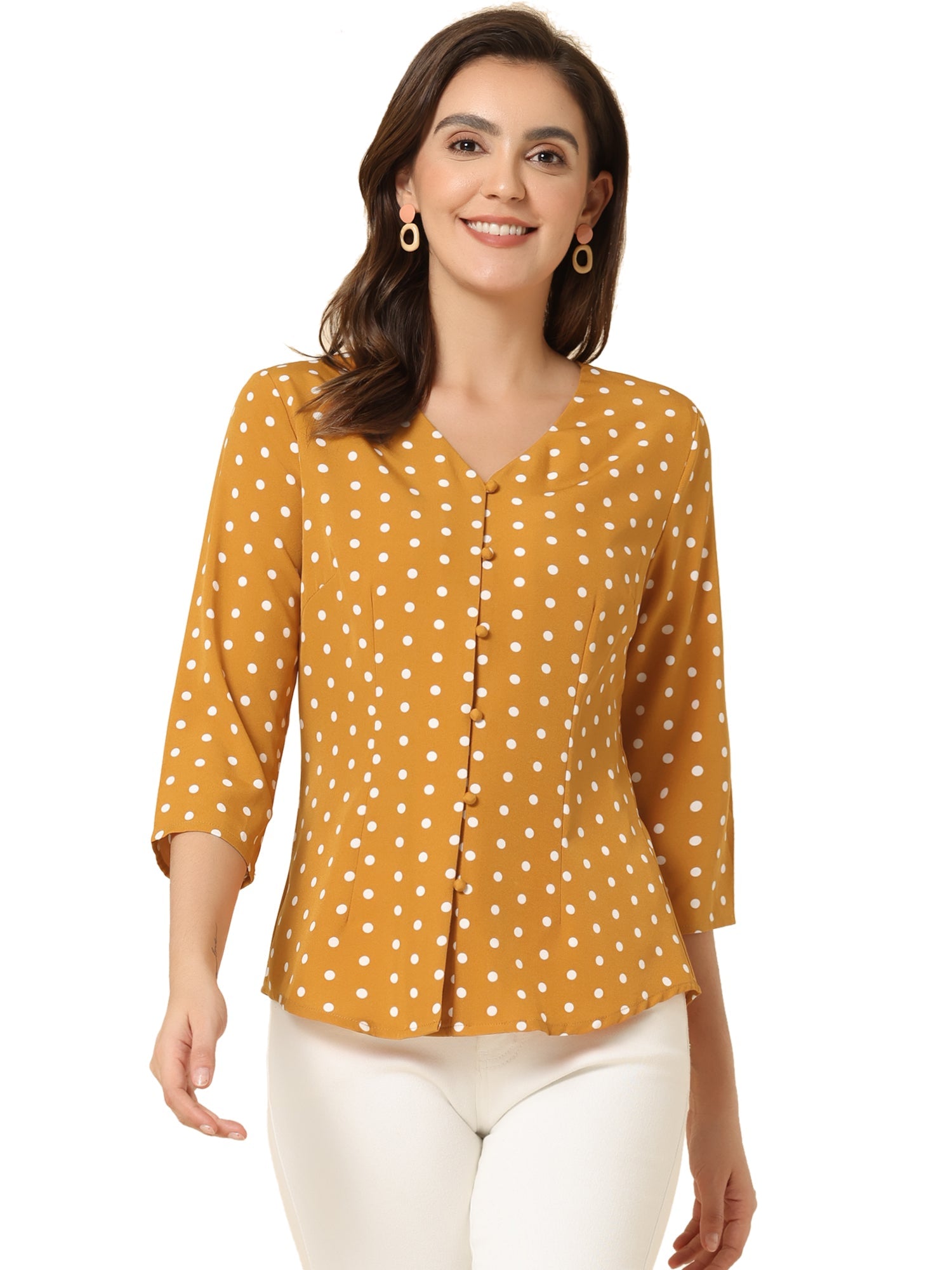 Polka Dots 3/4 Sleeve Button Front Vintage Office Blouse Top