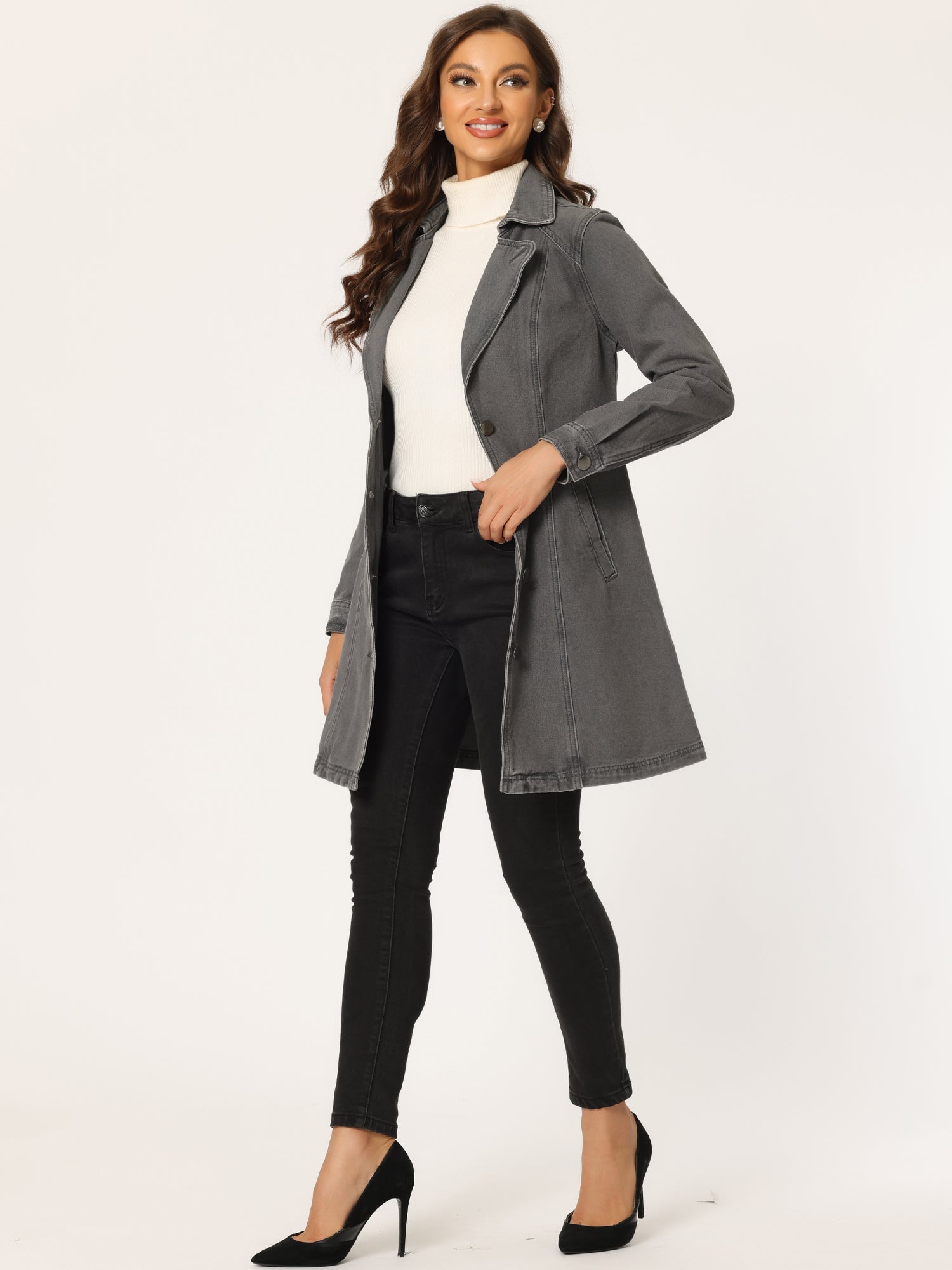 Notched Lapel Belted Trench Long Jean Denim Jacket