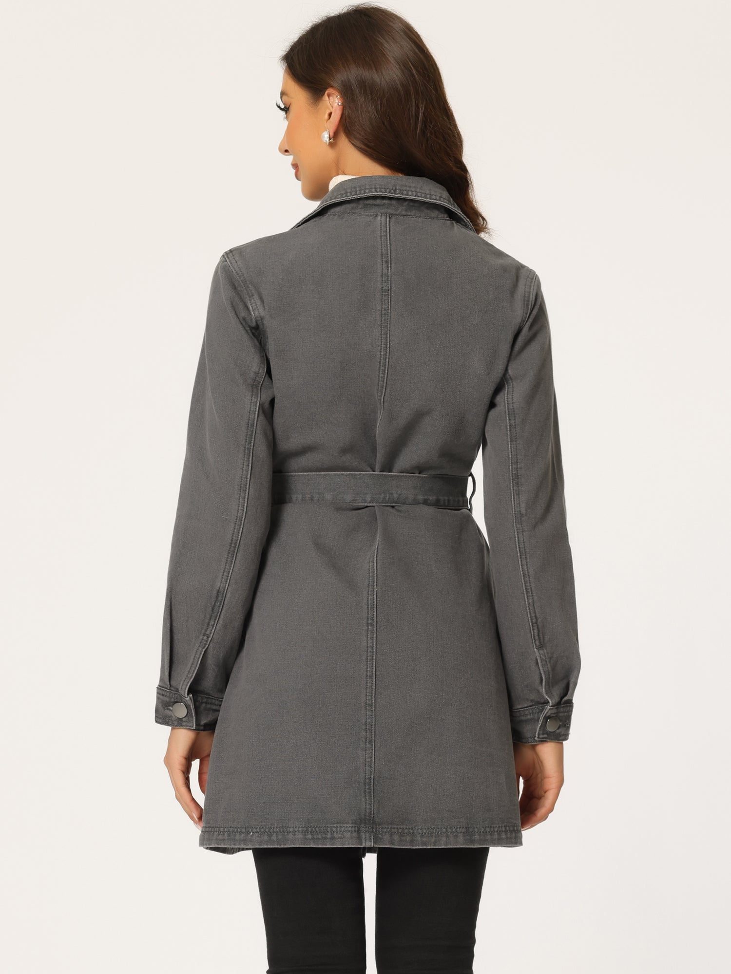 Notched Lapel Belted Trench Long Jean Denim Jacket
