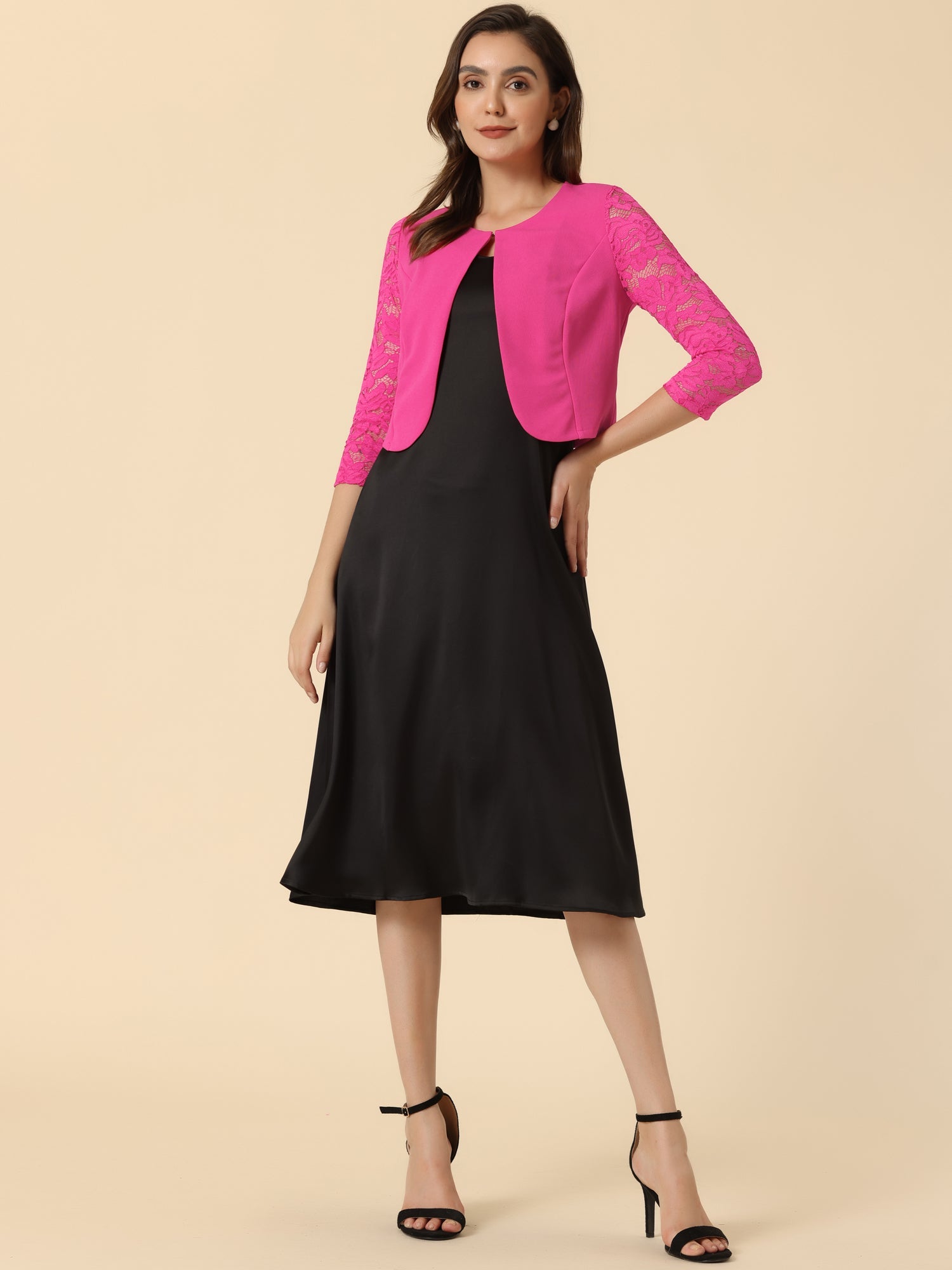 3/4 Sleeve Floral Lace Open Front Office Bolero Shrug