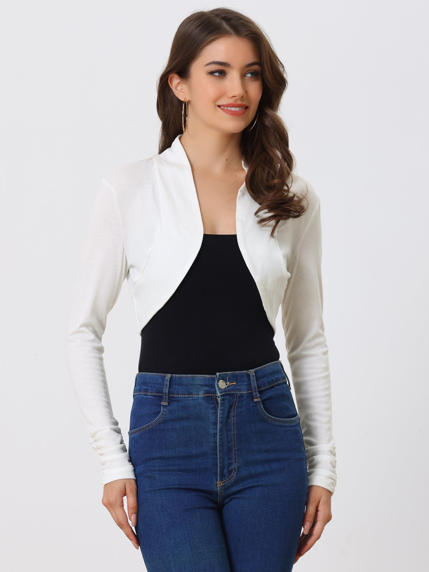 Ruched Long Sleeve Open Front Knit Cropped Bolero Shrug