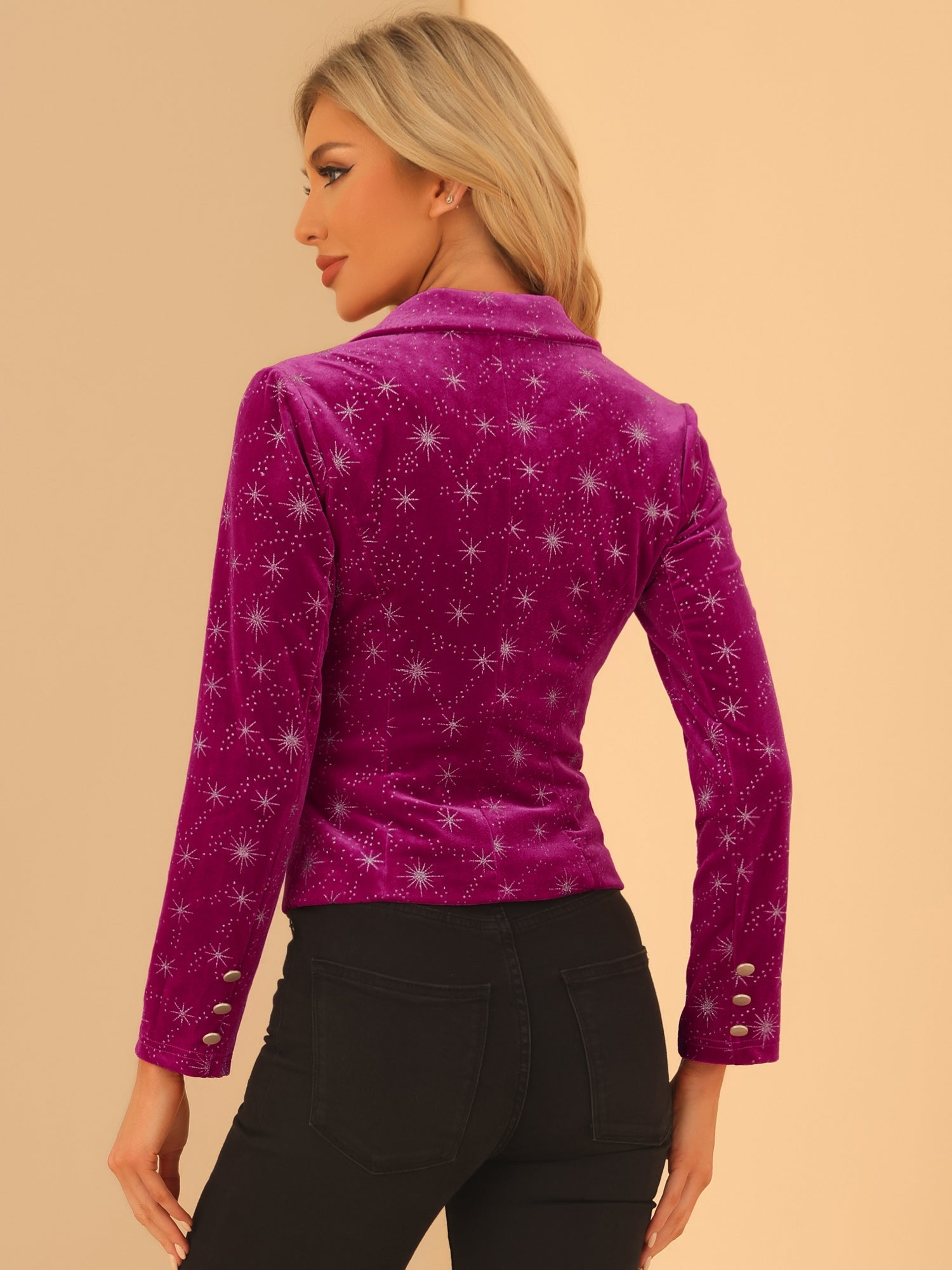 Metallic Star Single Button Velvet Lapel Crop Blazer