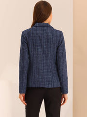 Tweed Plaid Long Sleeves Notched Lapel Open Front Blazer Jacket