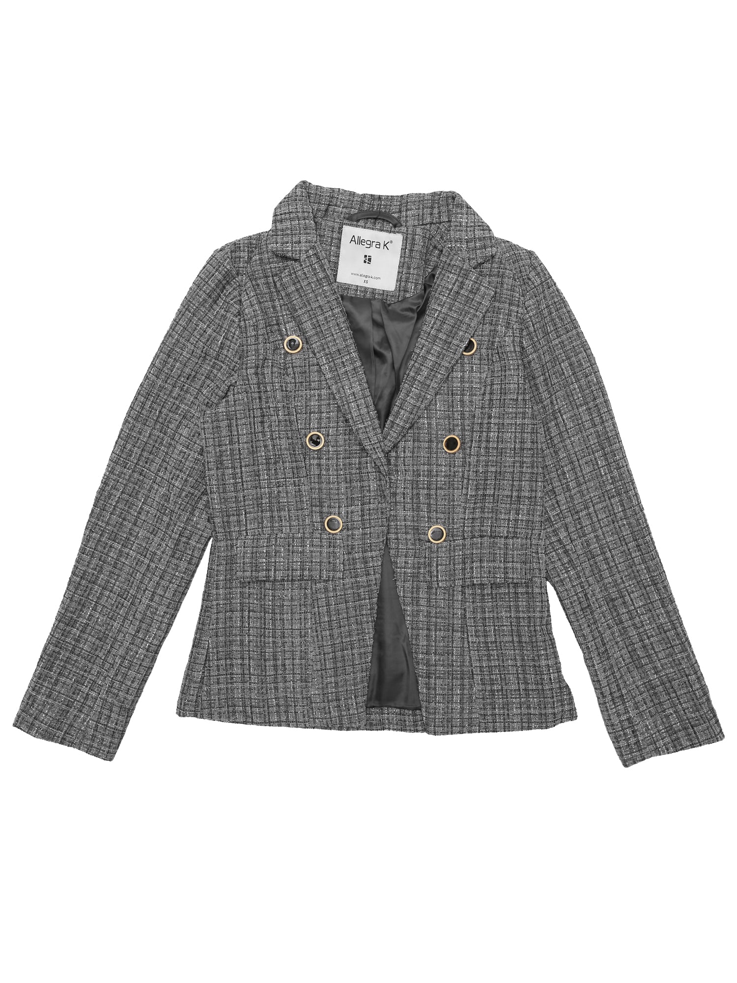 Tweed Plaid Long Sleeves Notched Lapel Open Front Blazer Jacket