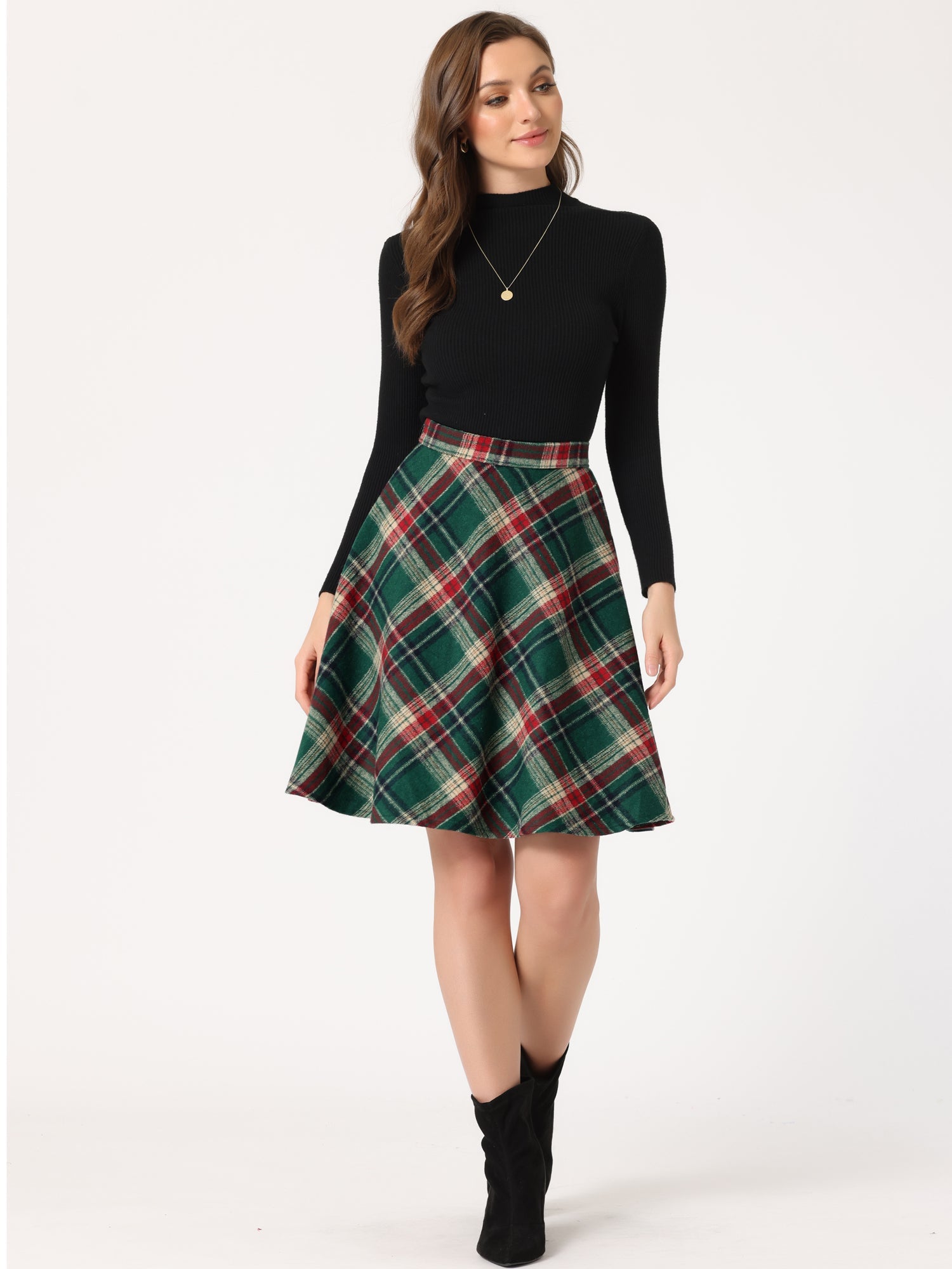 Vintage Plaid Tartan Elastic Waist Knee Length A-Line Skirt