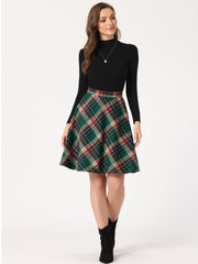 Vintage Plaid Tartan Elastic Waist Knee Length A-Line Skirt