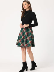 Vintage Plaid Tartan Elastic Waist Knee Length A-Line Skirt