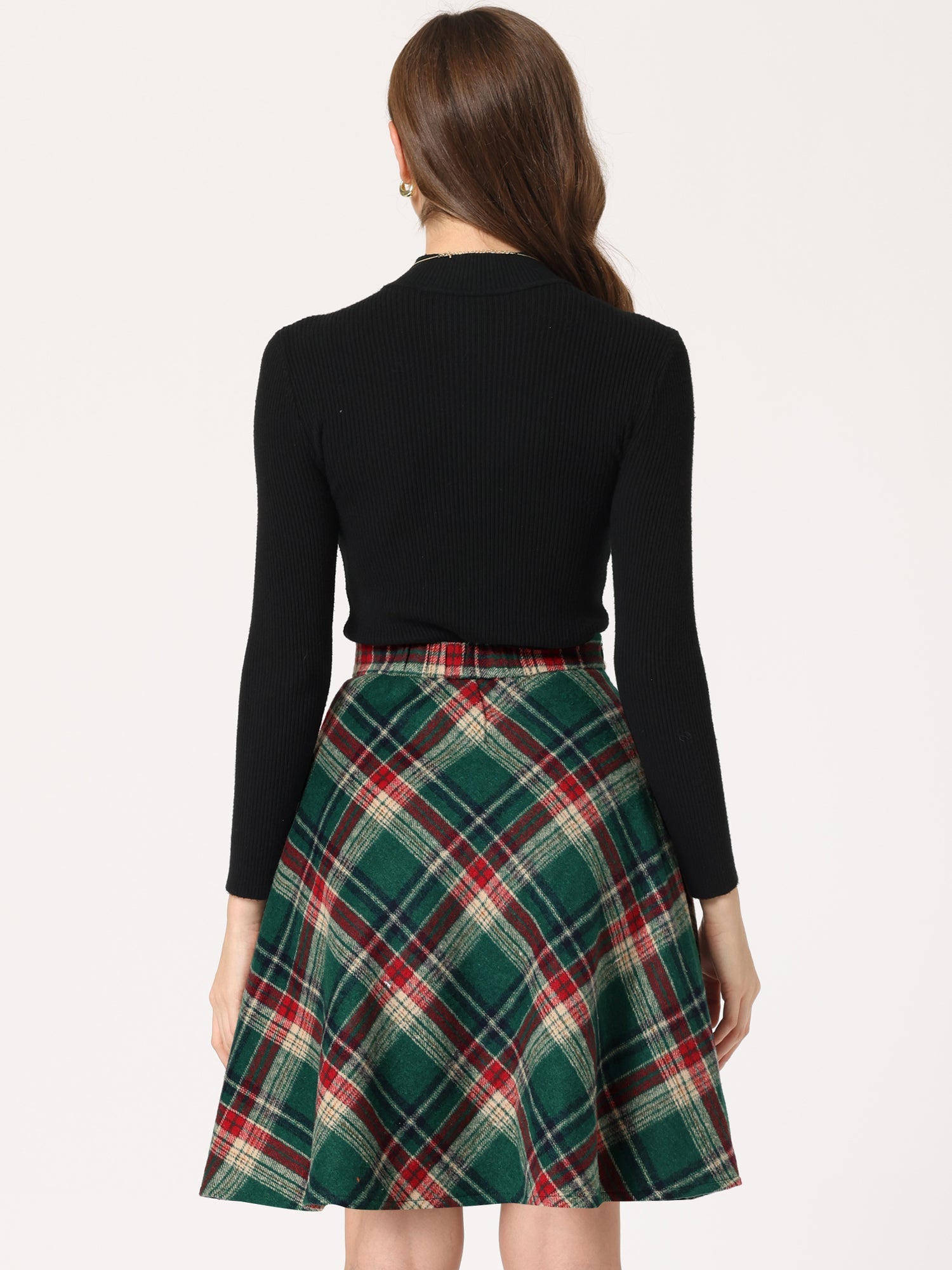 Vintage Plaid Tartan Elastic Waist Knee Length A-Line Skirt