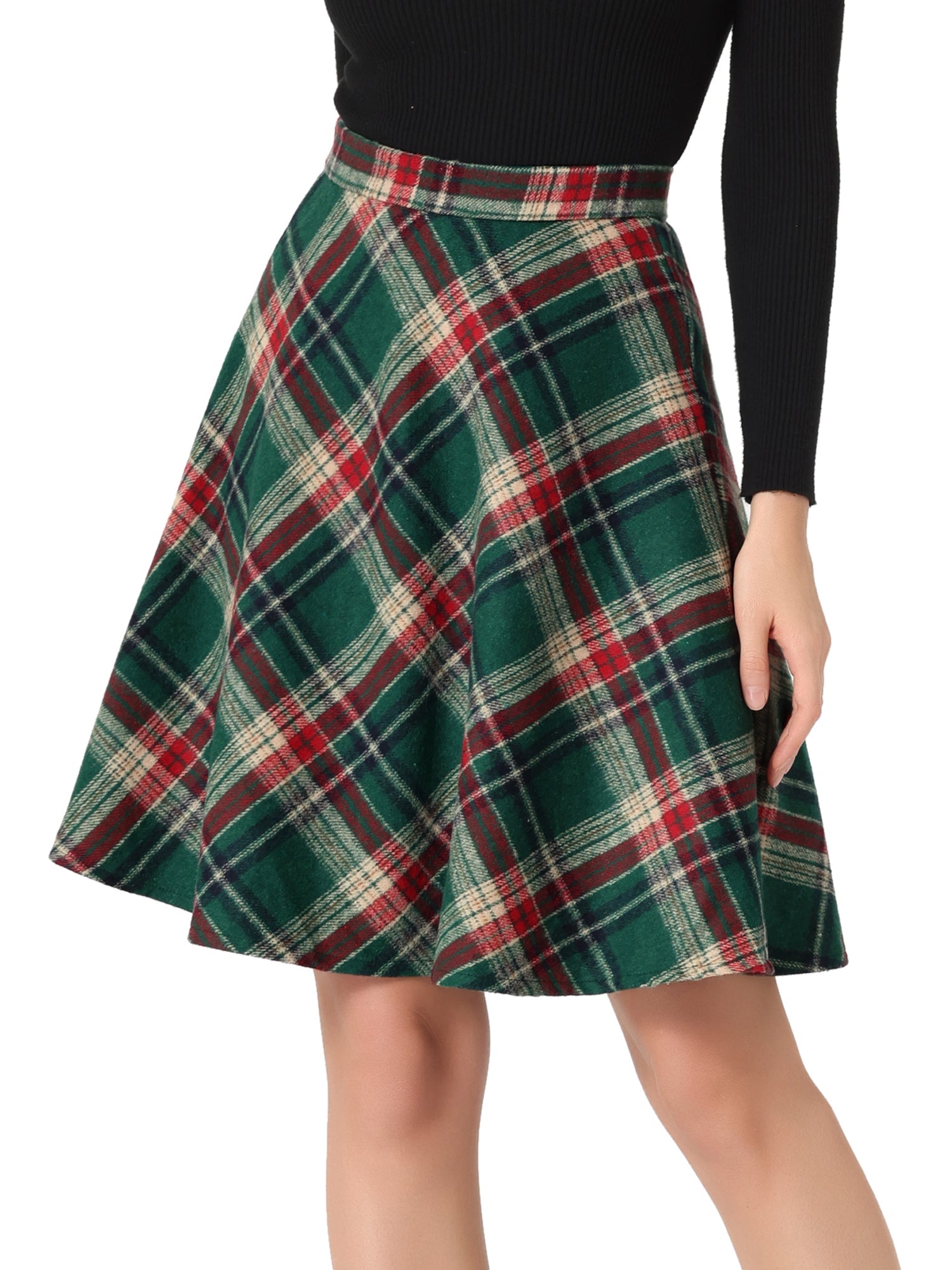 Vintage Plaid Tartan Elastic Waist Knee Length A-Line Skirt