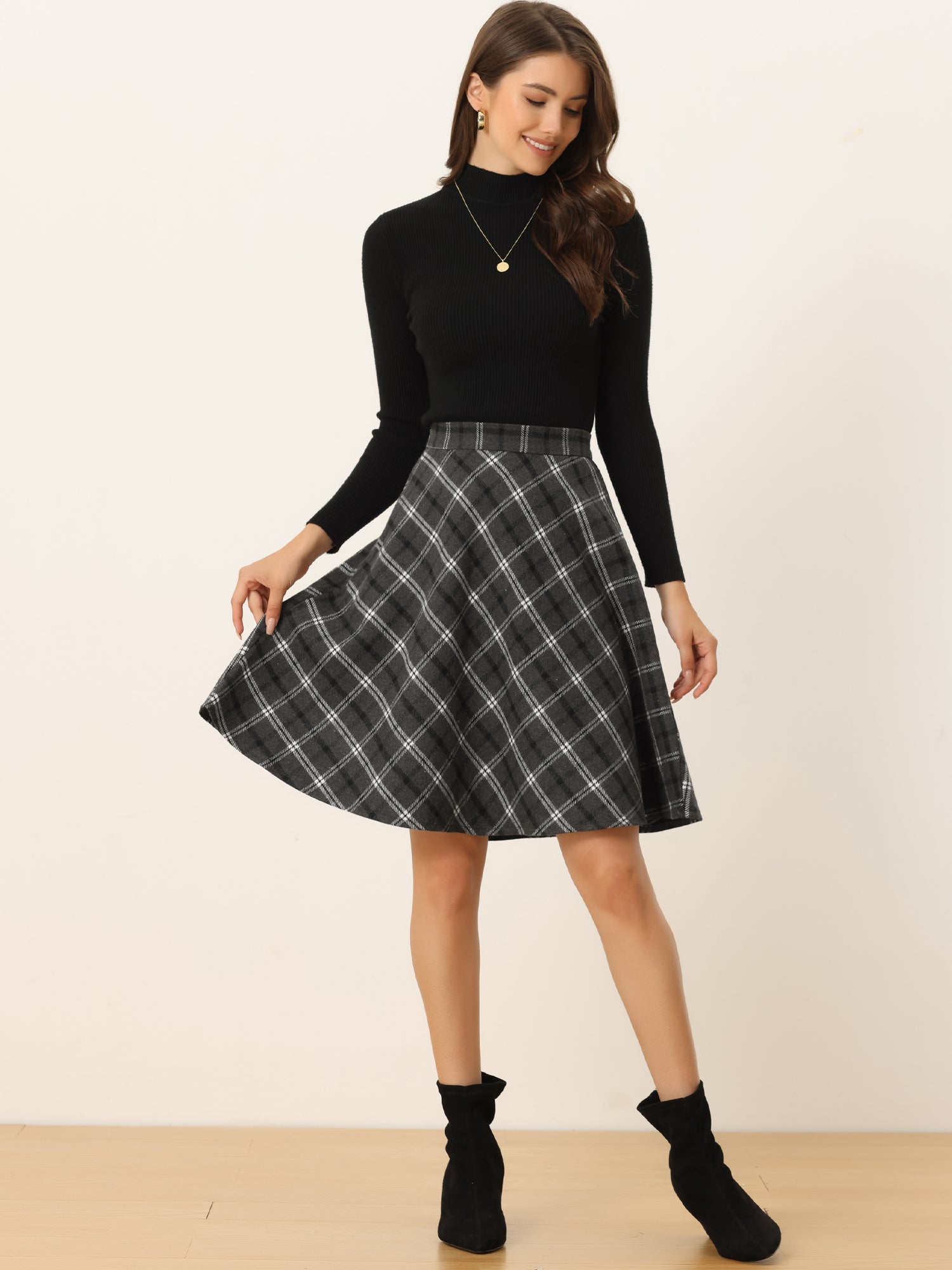 Vintage Plaid Tartan Elastic Waist Knee Length A-Line Skirt