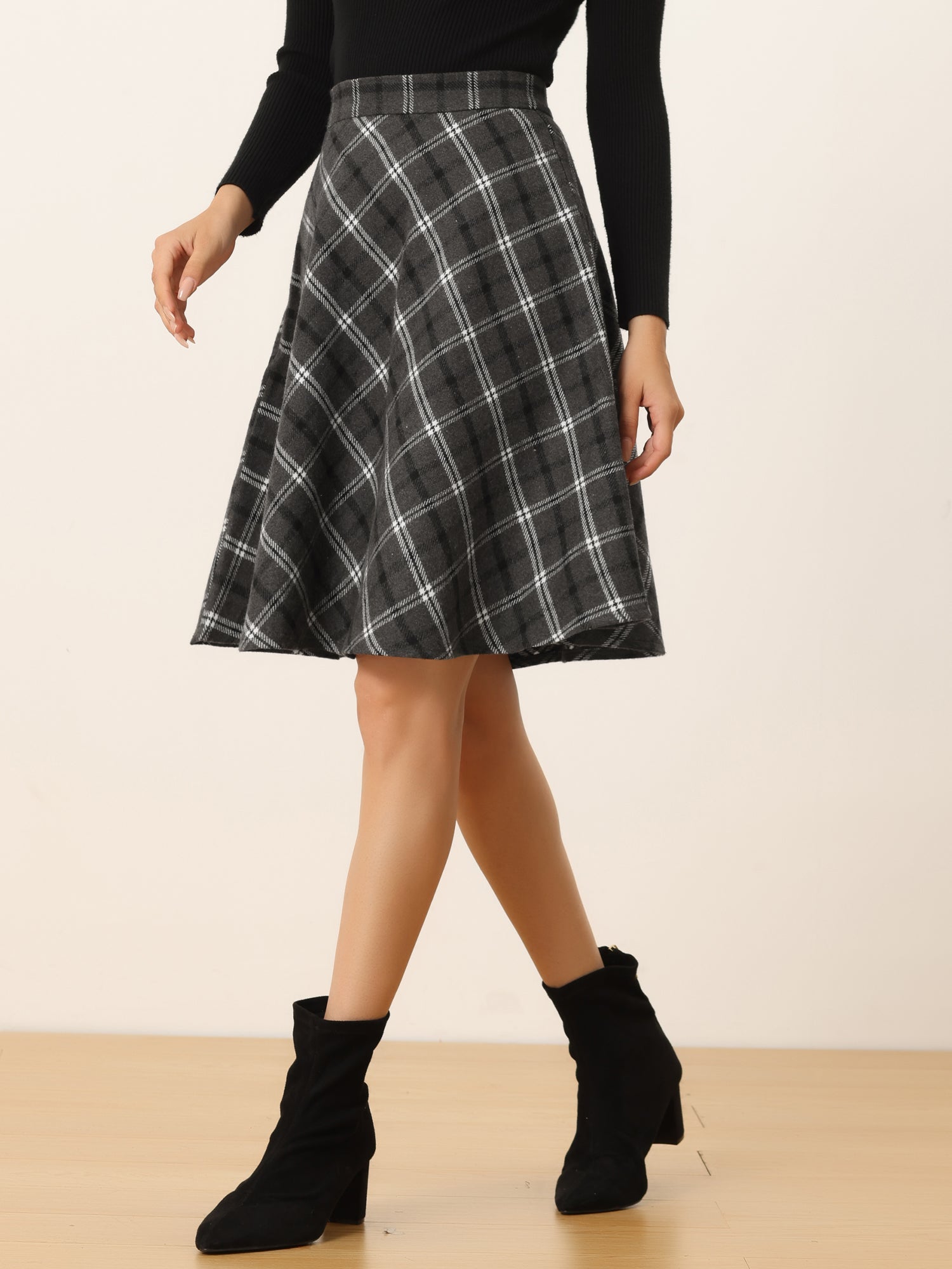 Vintage Plaid Tartan Elastic Waist Knee Length A-Line Skirt