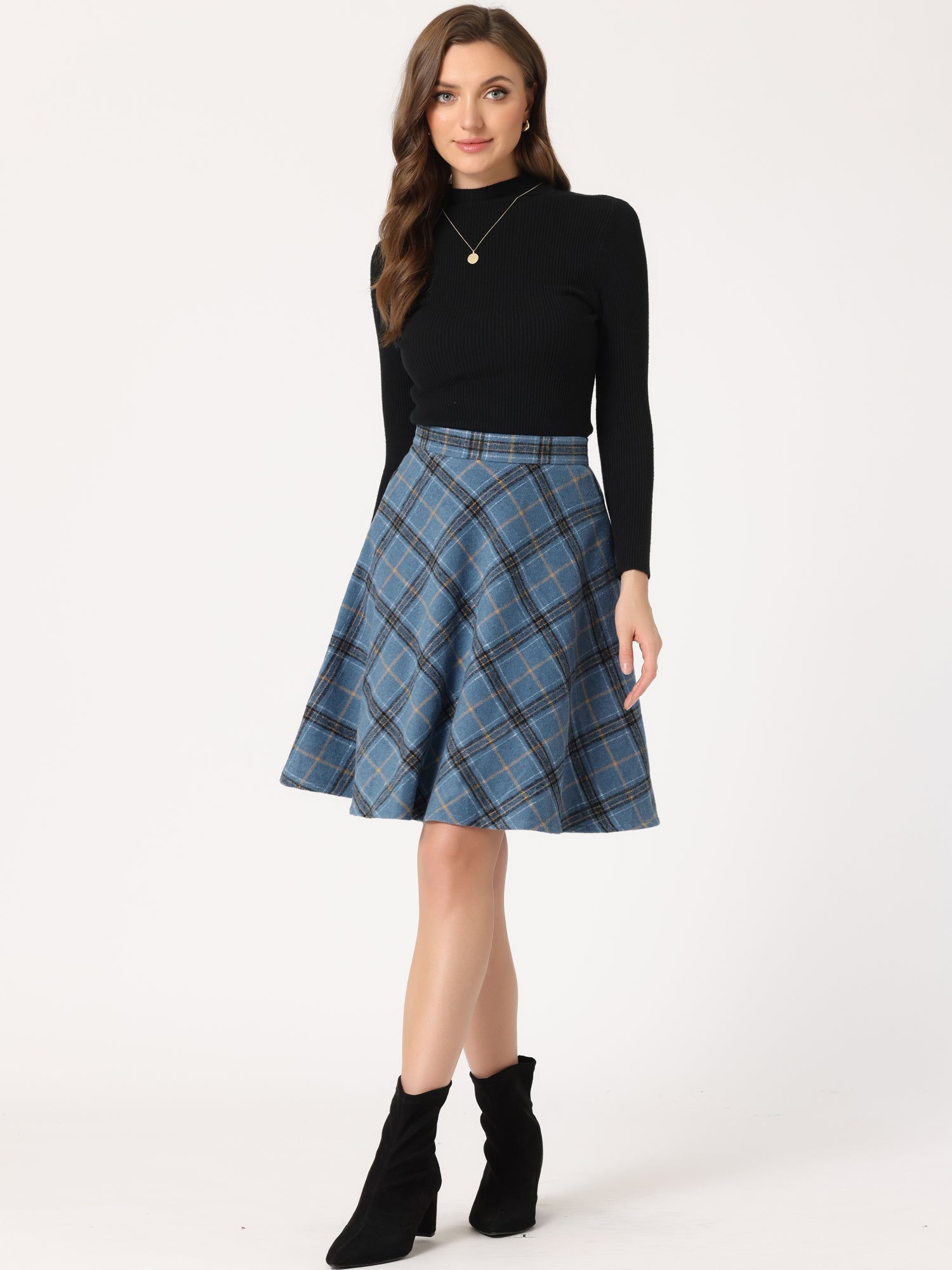 Plaid Tartan Vintage Elastic Waist Knee Length A-Line Skirt