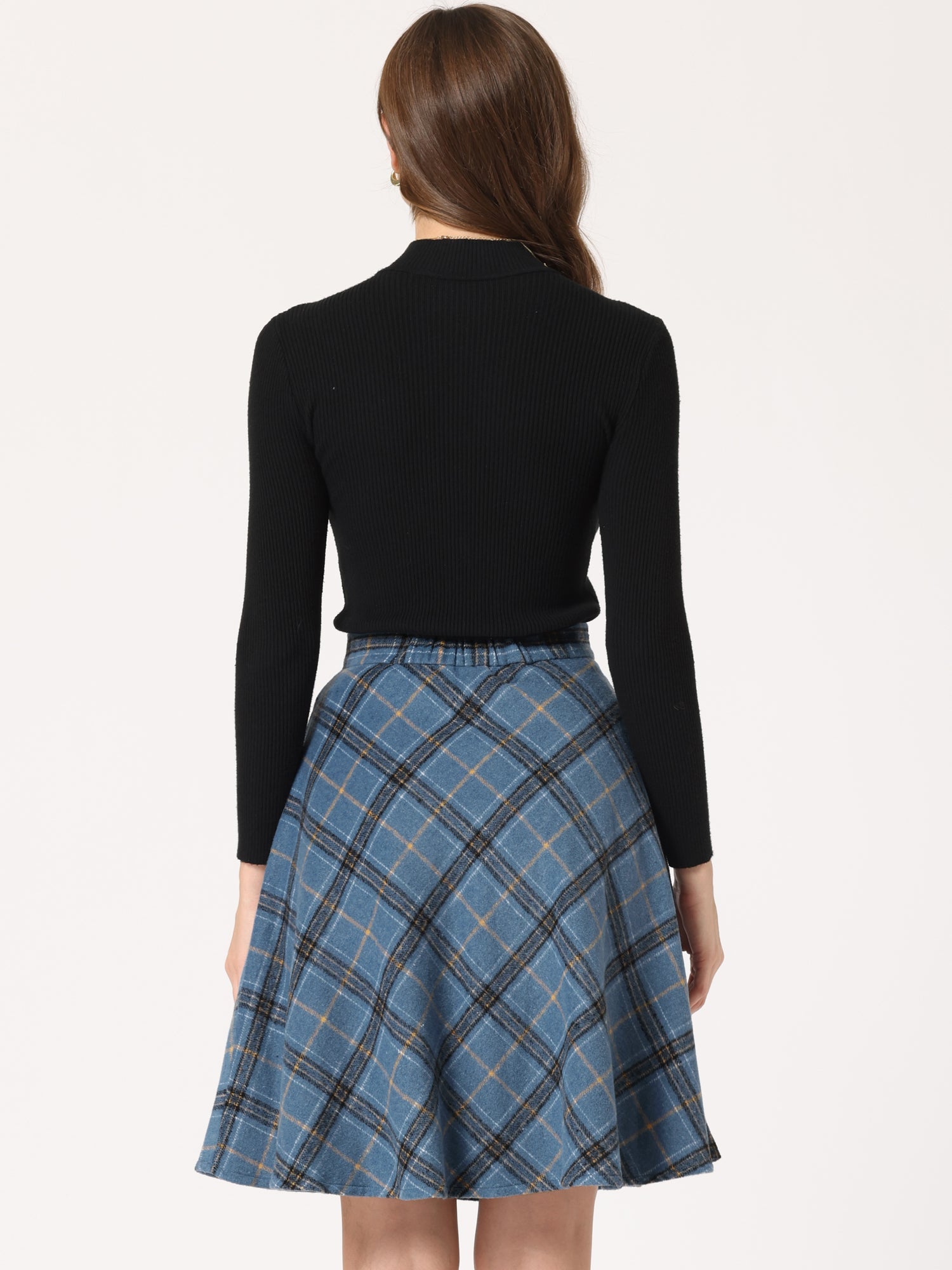 Plaid Tartan Vintage Elastic Waist Knee Length A-Line Skirt