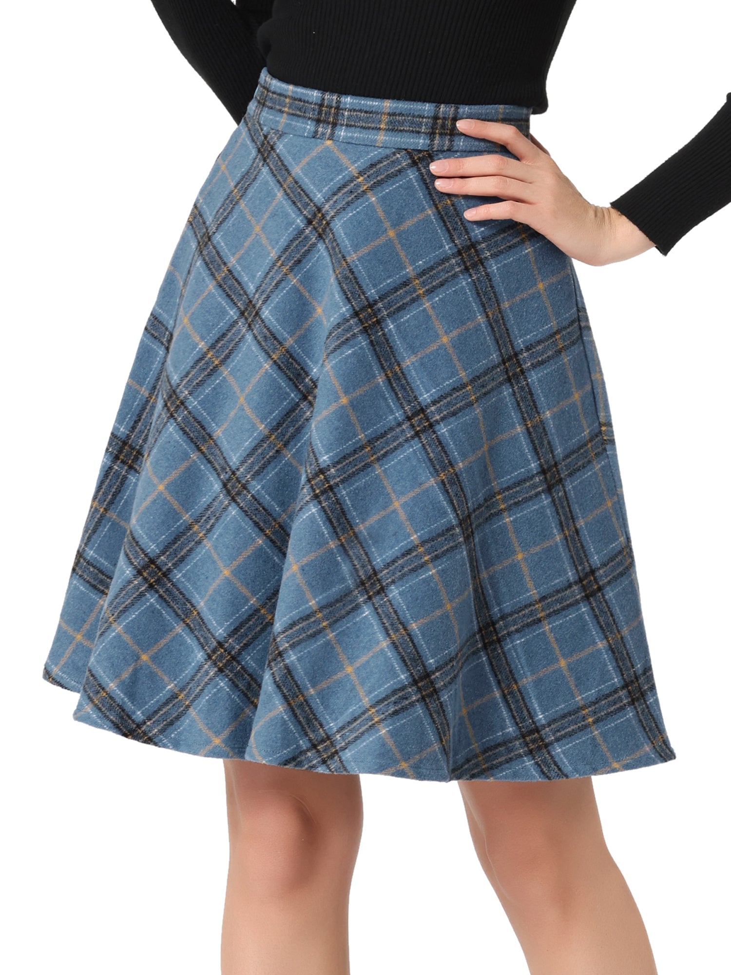 Plaid Tartan Vintage Elastic Waist Knee Length A-Line Skirt