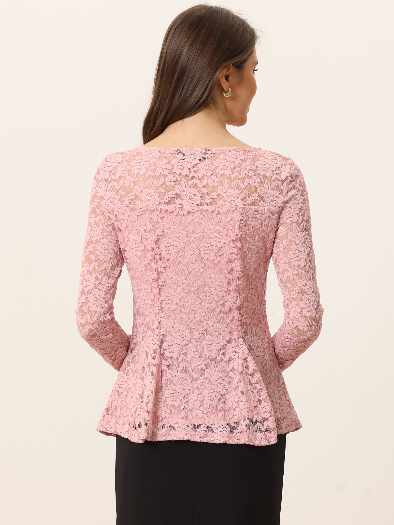 Lace Tops Keyhole Front Peplum Hem Sheer Long Sleeve Blouse