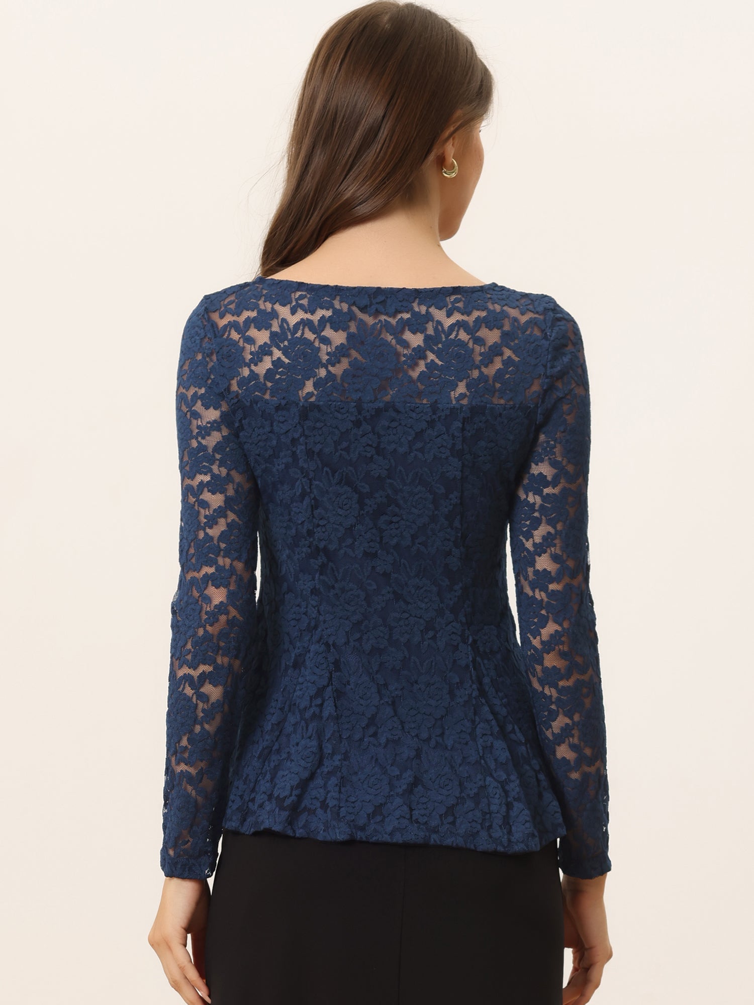 Lace Tops Keyhole Front Peplum Hem Sheer Long Sleeve Blouse