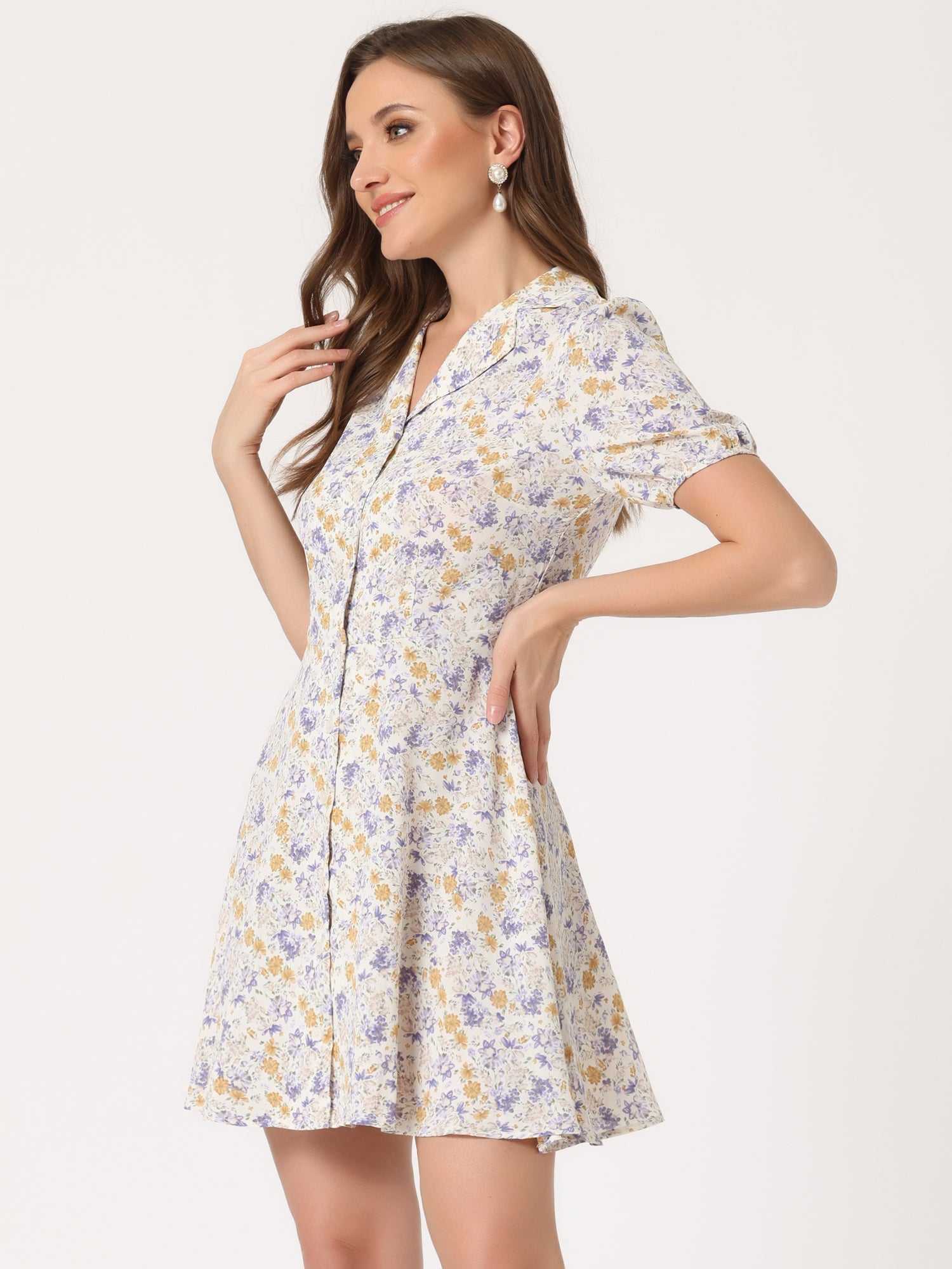 Button Up Short Sleeve A-Line Chiffon Vintage Floral Shirt Dress