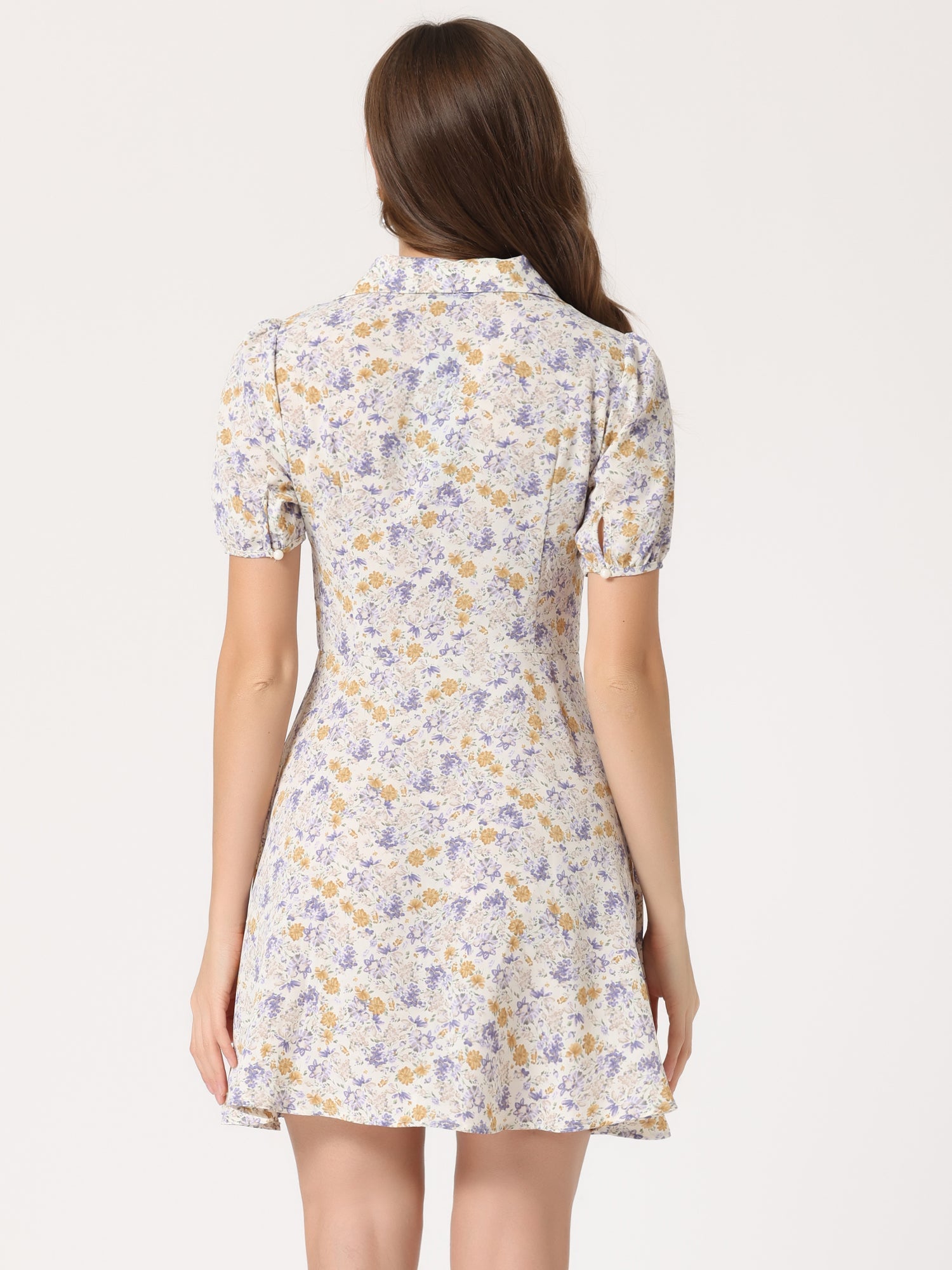 Button Up Short Sleeve A-Line Chiffon Vintage Floral Shirt Dress