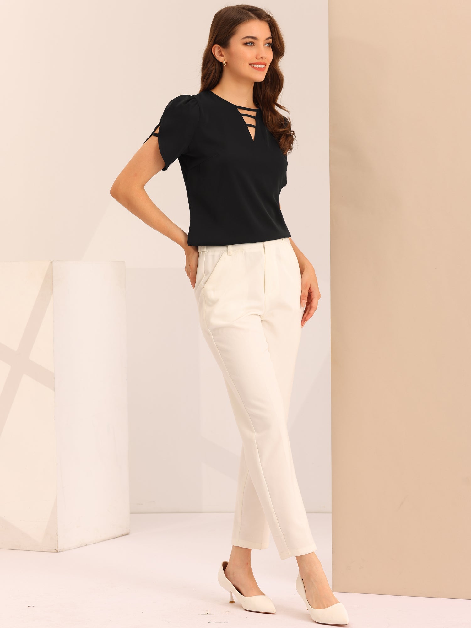 Cutout Round Neck Cap Sleeve Casual Top