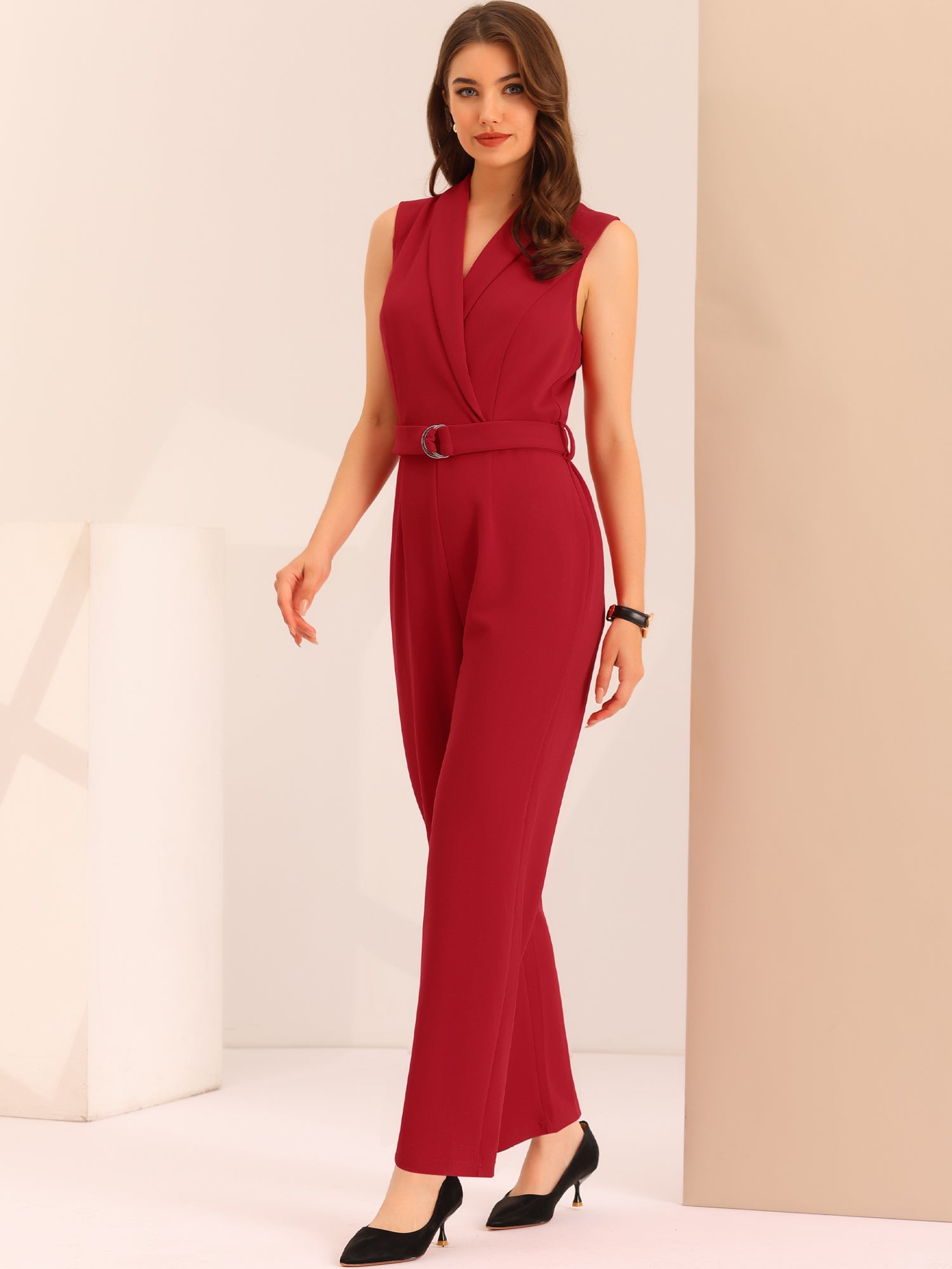 Elegant Office Work Sleeveless Belted Long Jumpsuit