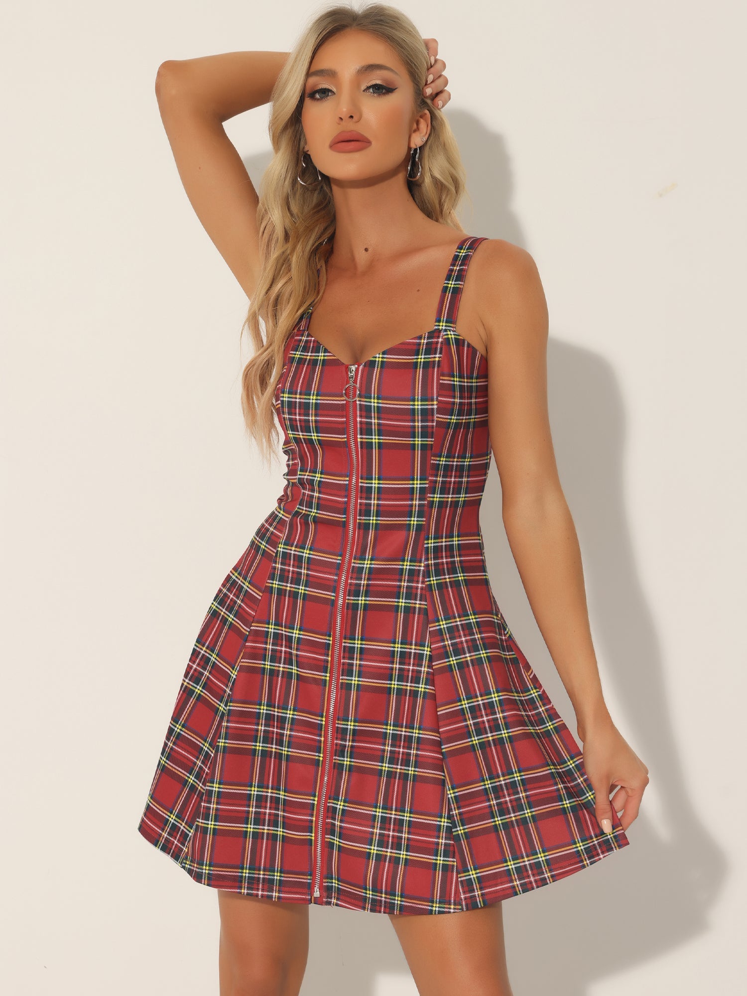 Plaid Zipper Front Party Strap Sleeveless Tube Mini A-Line Dress