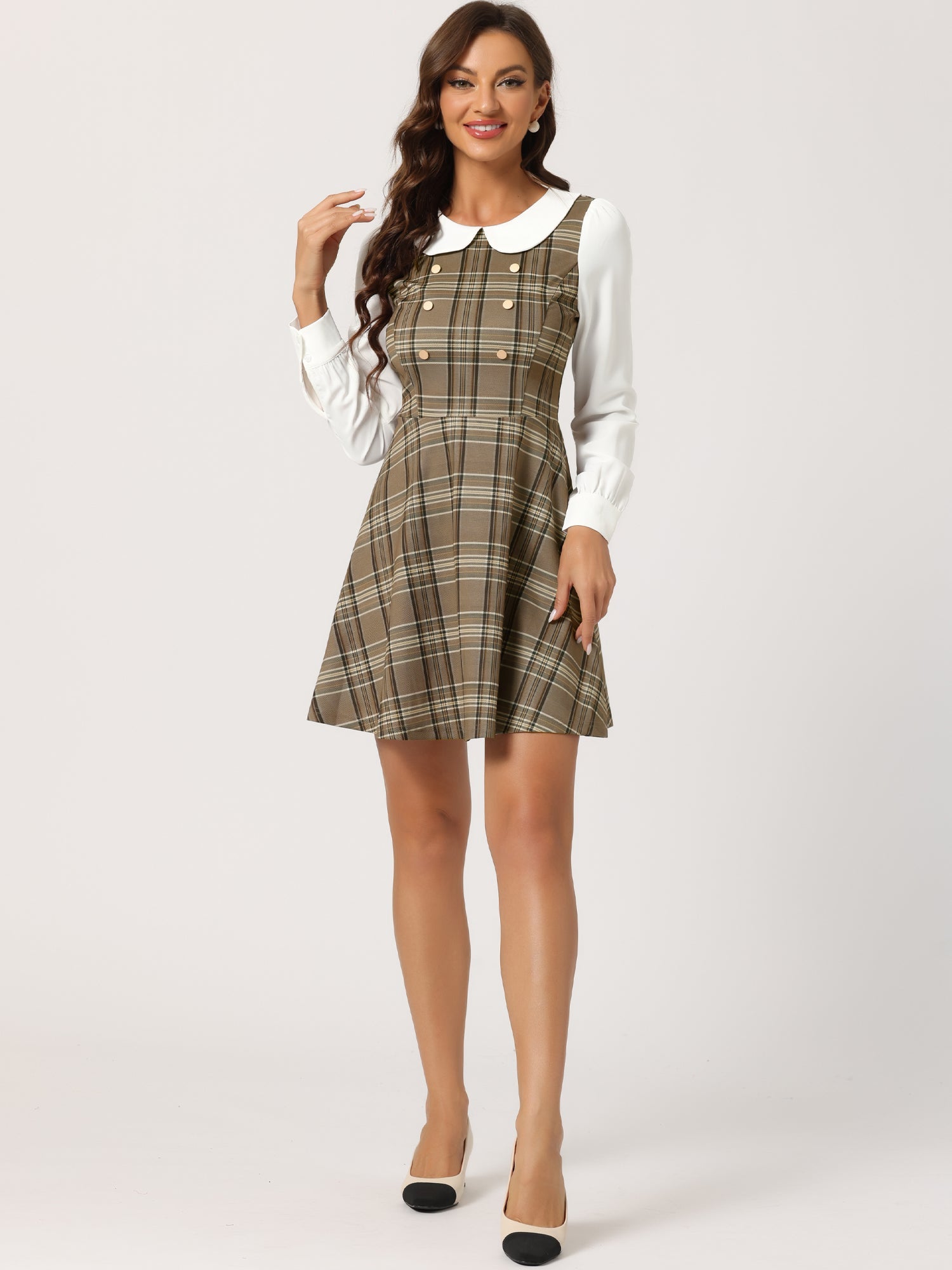 Peter Pan Collar Contrast Color Button Decor Plaid Dress