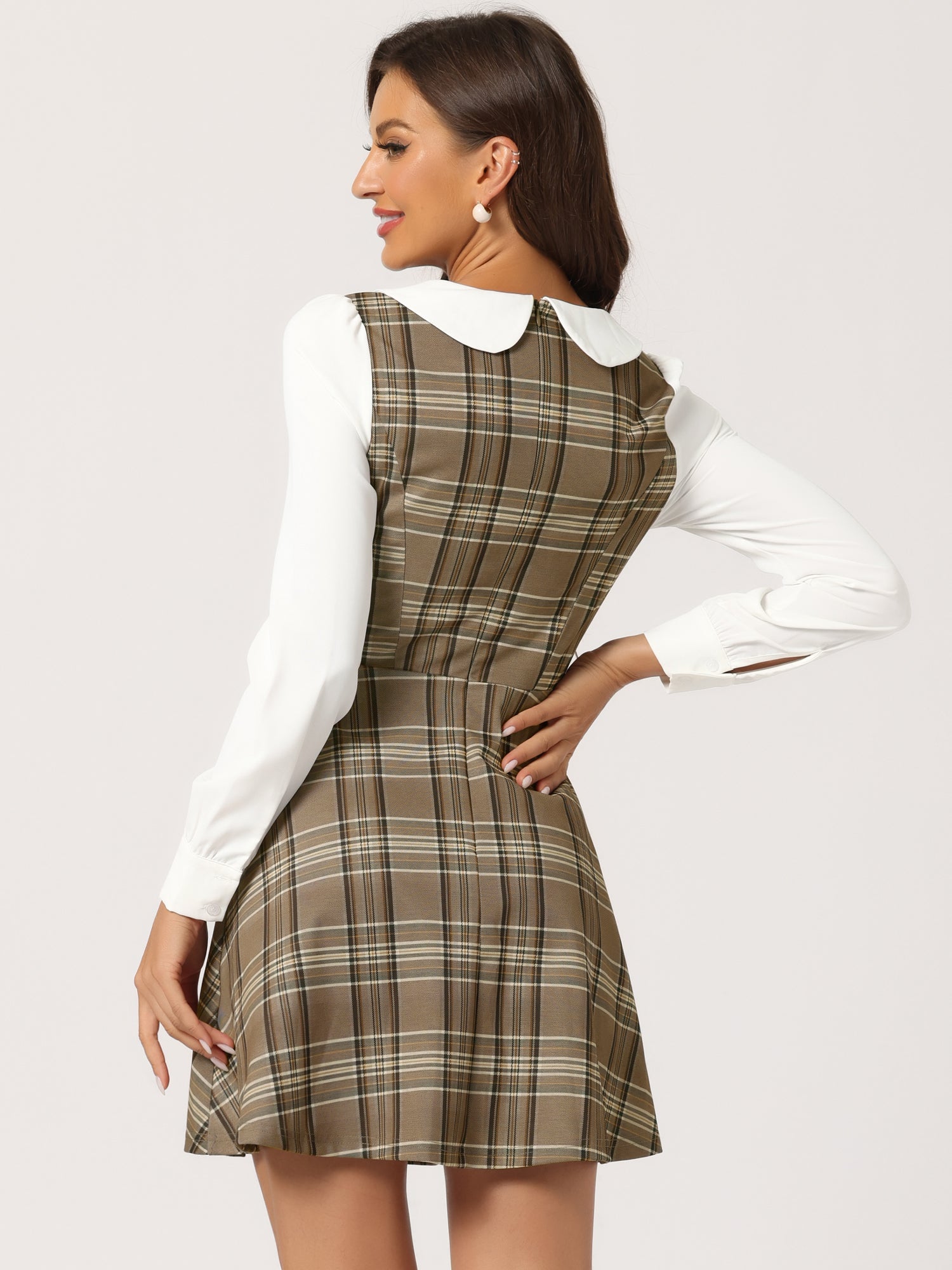 Peter Pan Collar Contrast Color Button Decor Plaid Dress
