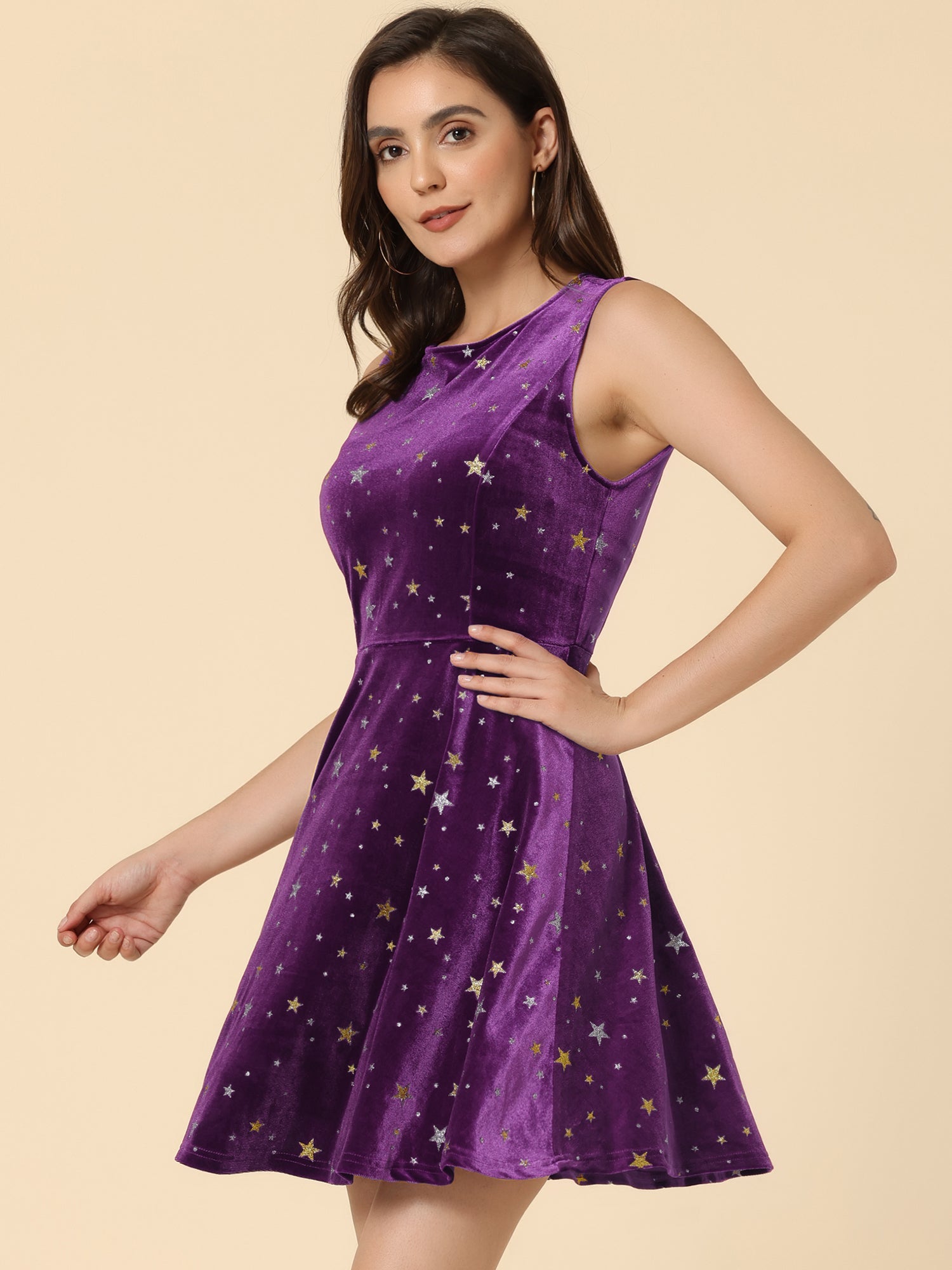 Shiny Stars Print Sleeveless Swing Mini Velvet Dress