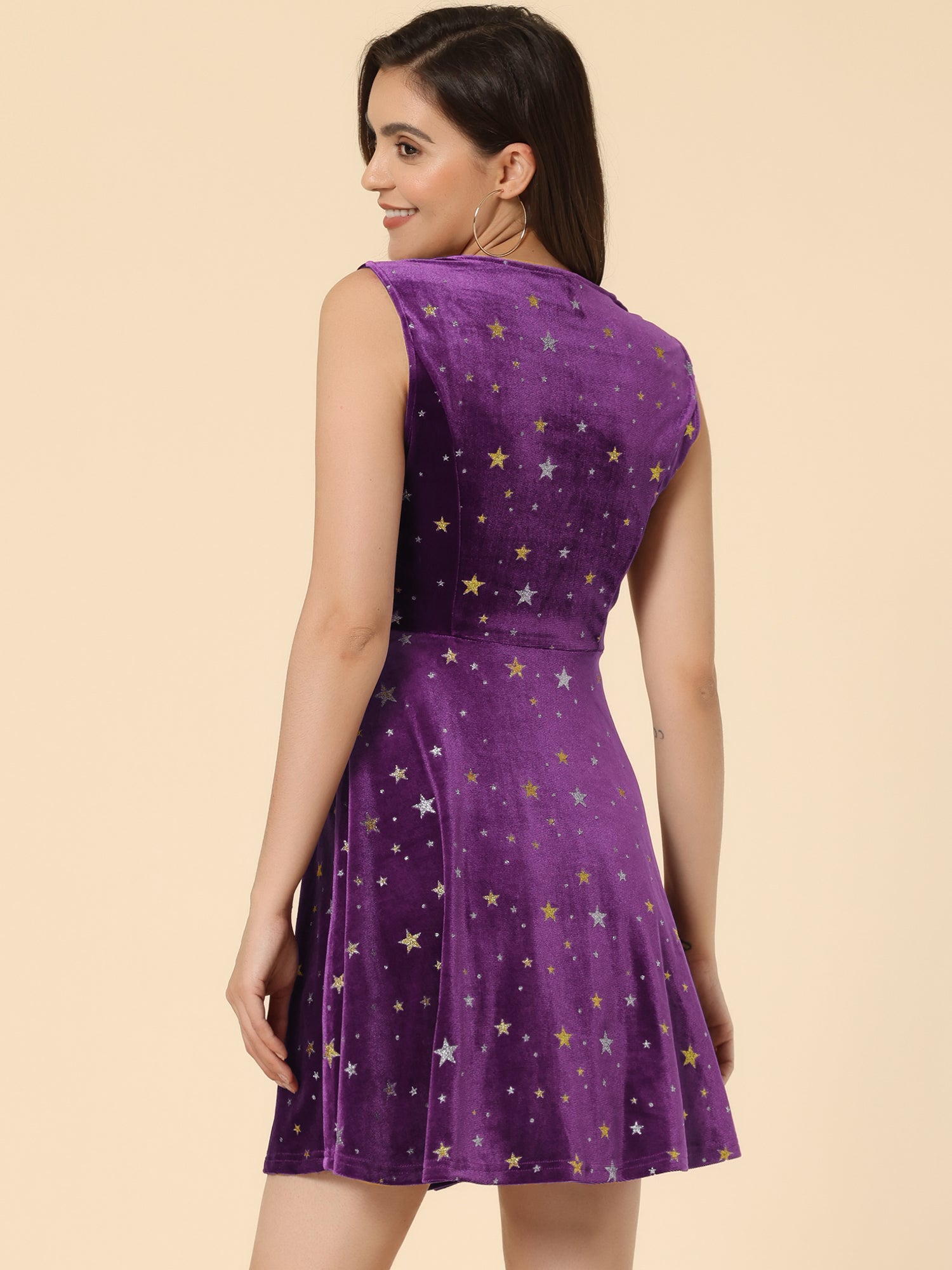 Shiny Stars Print Sleeveless Swing Mini Velvet Dress