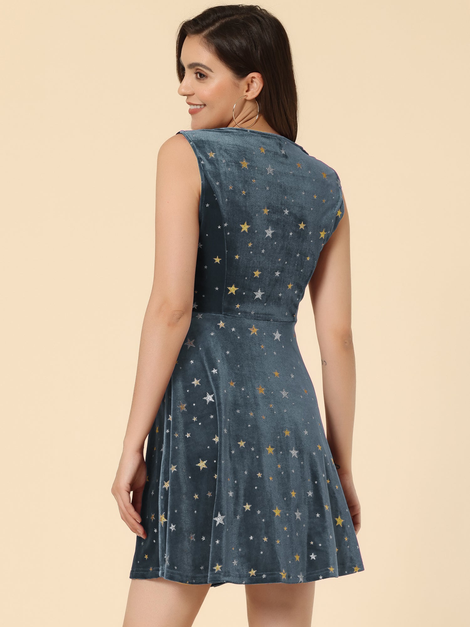 Shiny Stars Print Sleeveless Swing Mini Velvet Dress