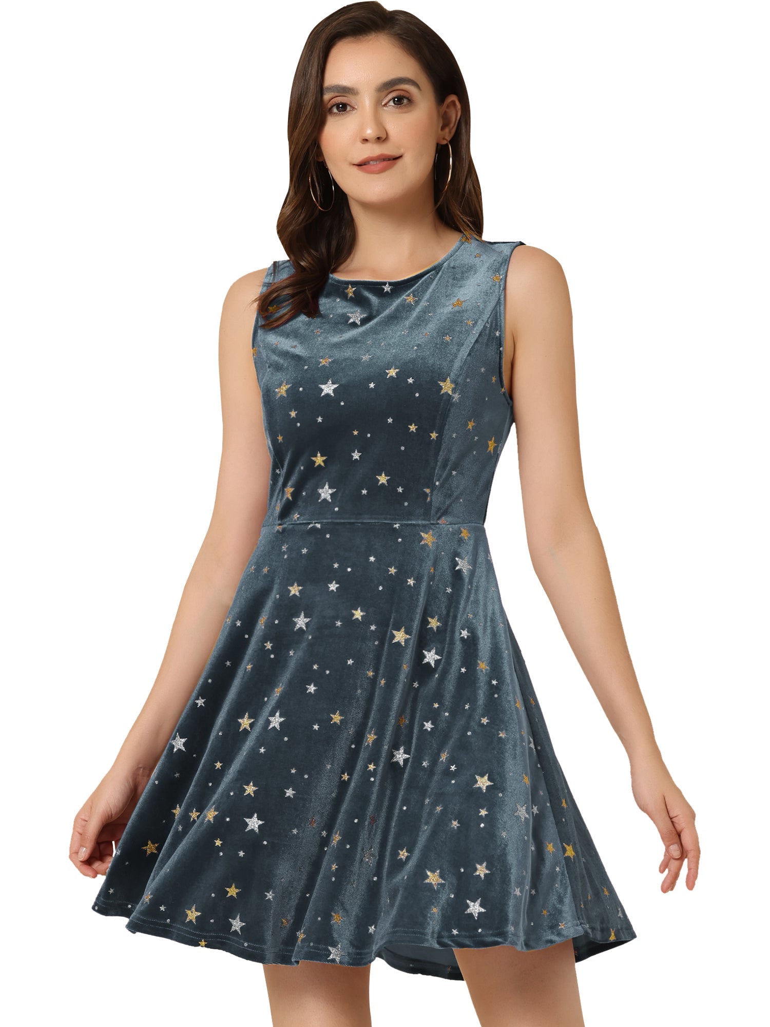 Shiny Stars Print Sleeveless Swing Mini Velvet Dress