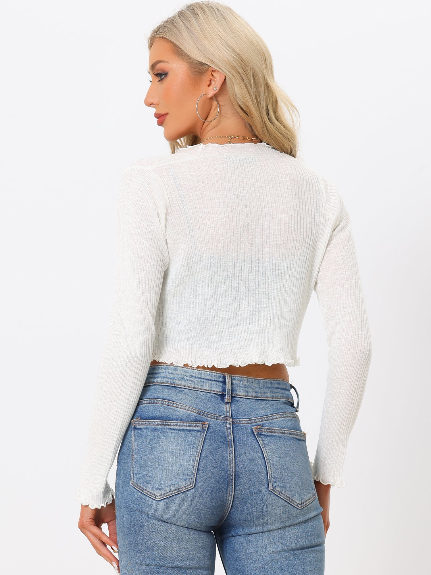 Women's Crop Shrug Ruffle Trim Long Sleeve Knit Elegant Open Front Casual Bolero Cardigan Shrugs