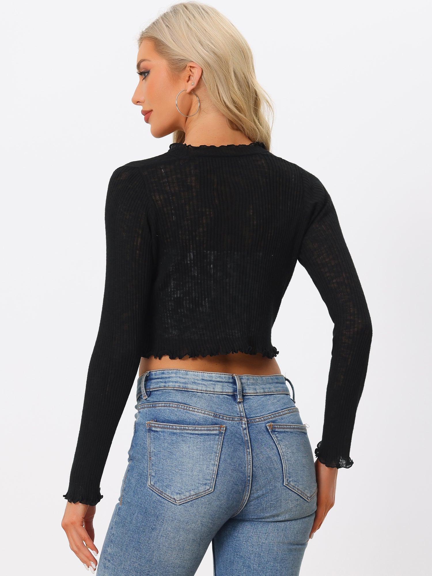 Women's Crop Shrug Ruffle Trim Long Sleeve Knit Elegant Open Front Casual Bolero Cardigan Shrugs