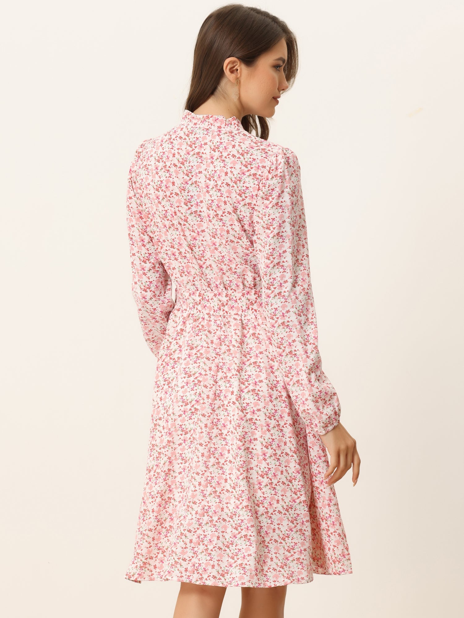 Tie Neck Chiffon Long Sleeve Belted Vintage Floral Dress