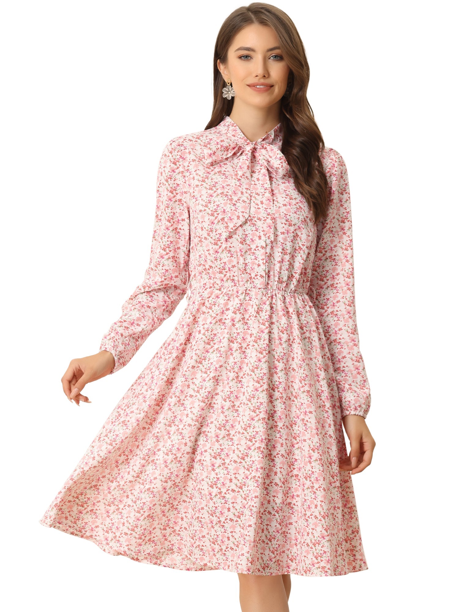 Tie Neck Chiffon Long Sleeve Belted Vintage Floral Dress