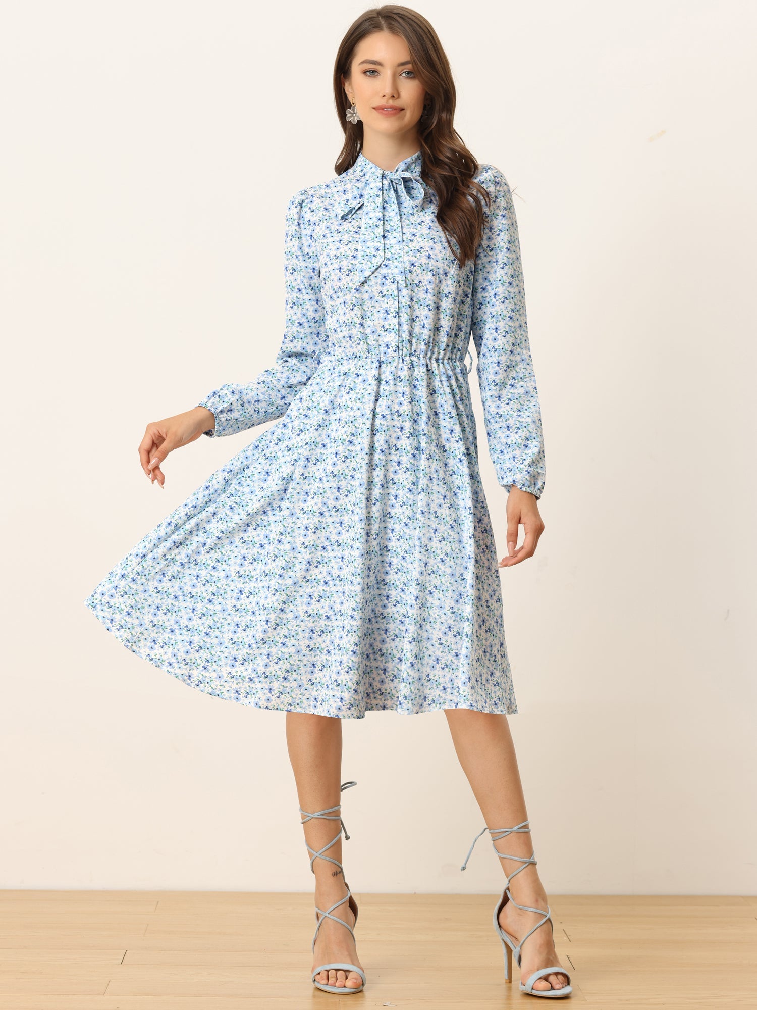 Tie Neck Chiffon Long Sleeve Belted Vintage Floral Dress