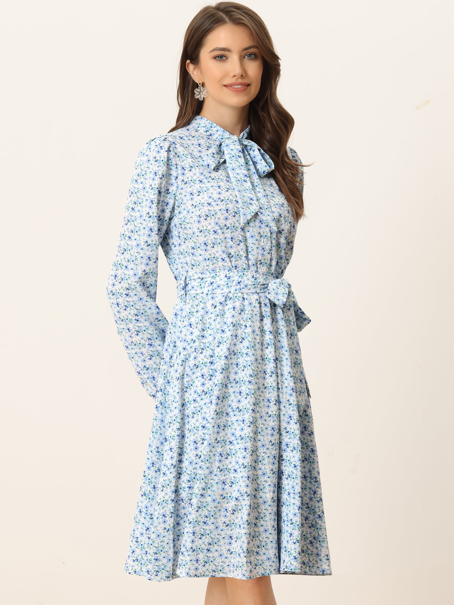 Tie Neck Chiffon Long Sleeve Belted Vintage Floral Dress