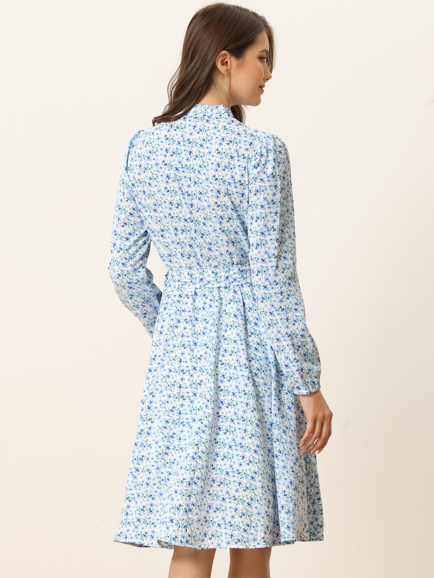 Tie Neck Chiffon Long Sleeve Belted Vintage Floral Dress