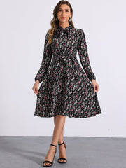 Tie Neck Chiffon Long Sleeve Belted Vintage Floral Dress