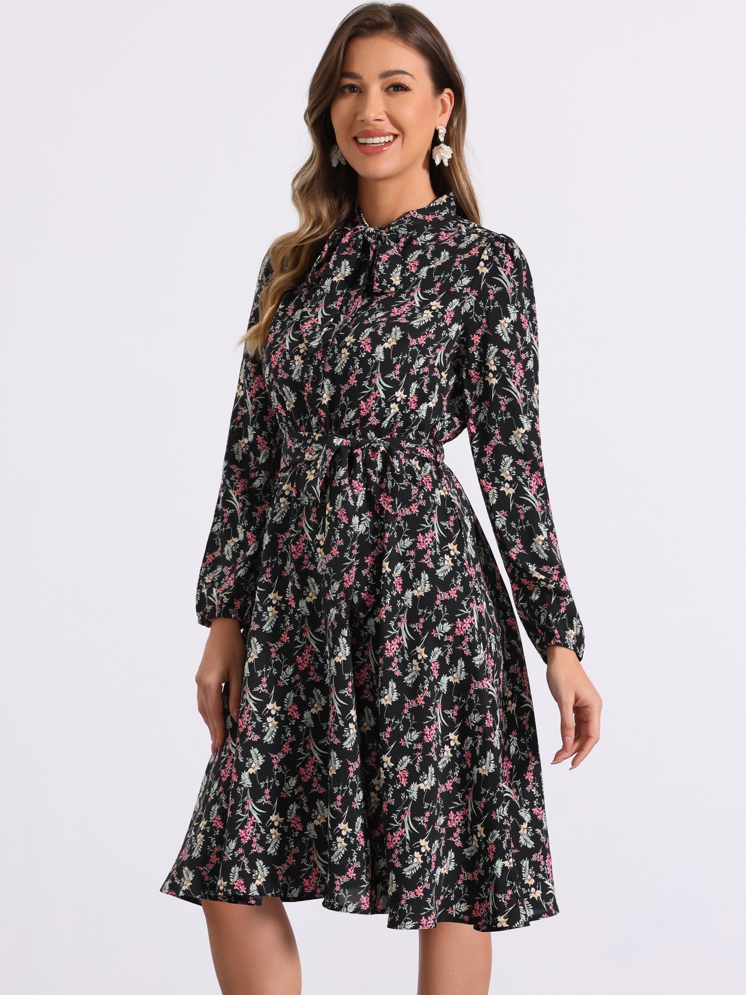 Tie Neck Chiffon Long Sleeve Belted Vintage Floral Dress