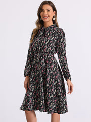 Tie Neck Chiffon Long Sleeve Belted Vintage Floral Dress