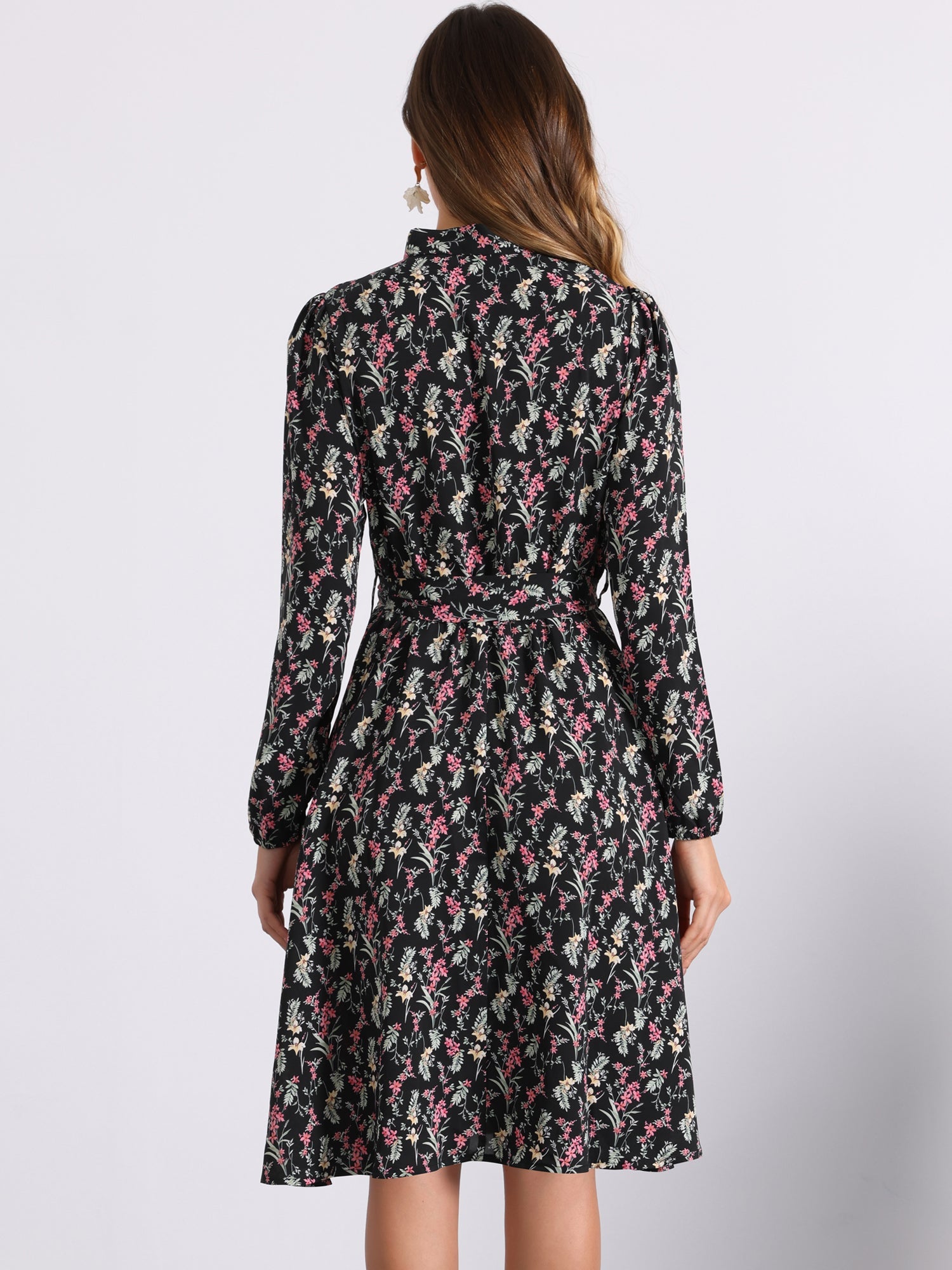 Tie Neck Chiffon Long Sleeve Belted Vintage Floral Dress