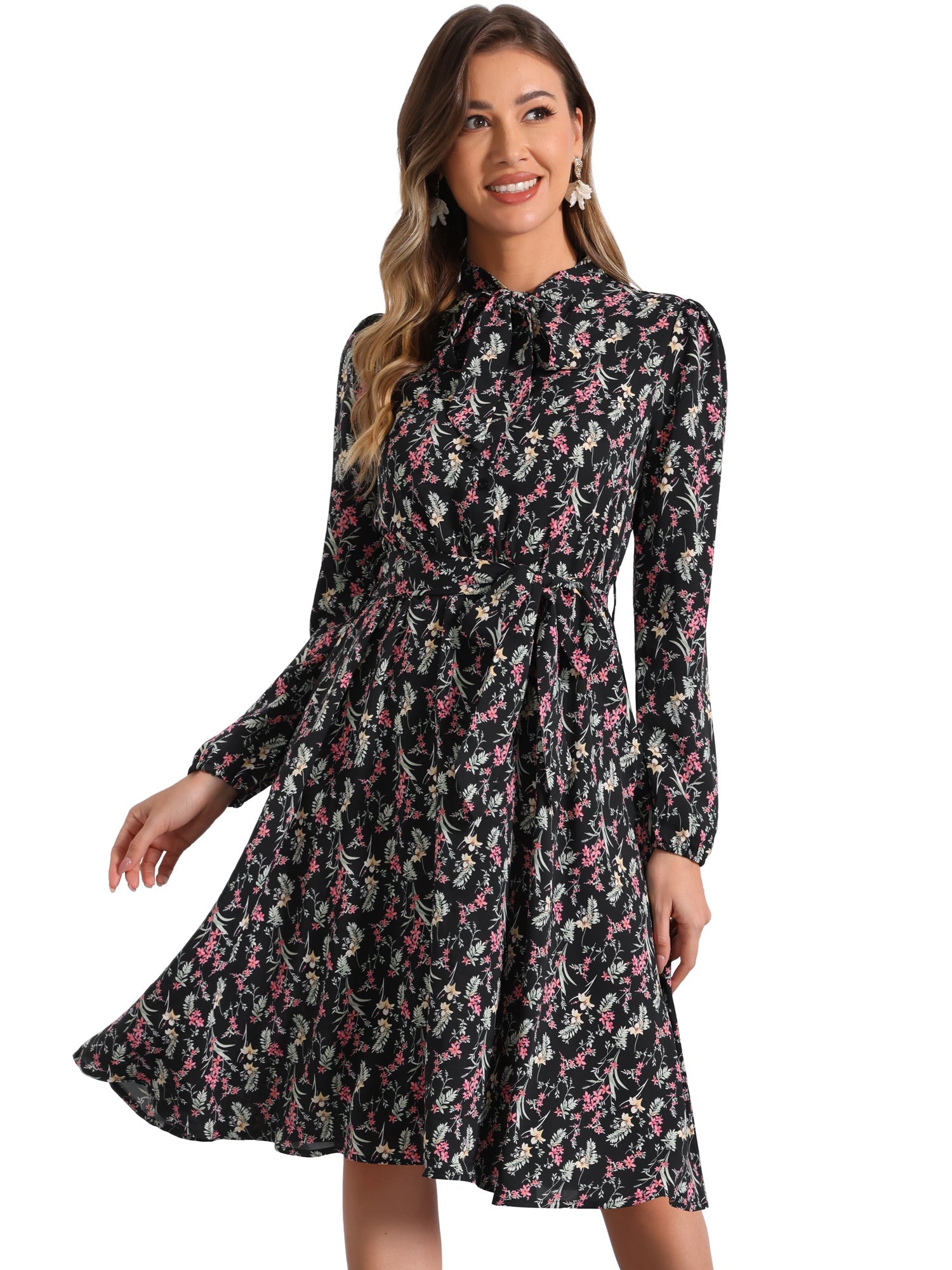 Tie Neck Chiffon Long Sleeve Belted Vintage Floral Dress