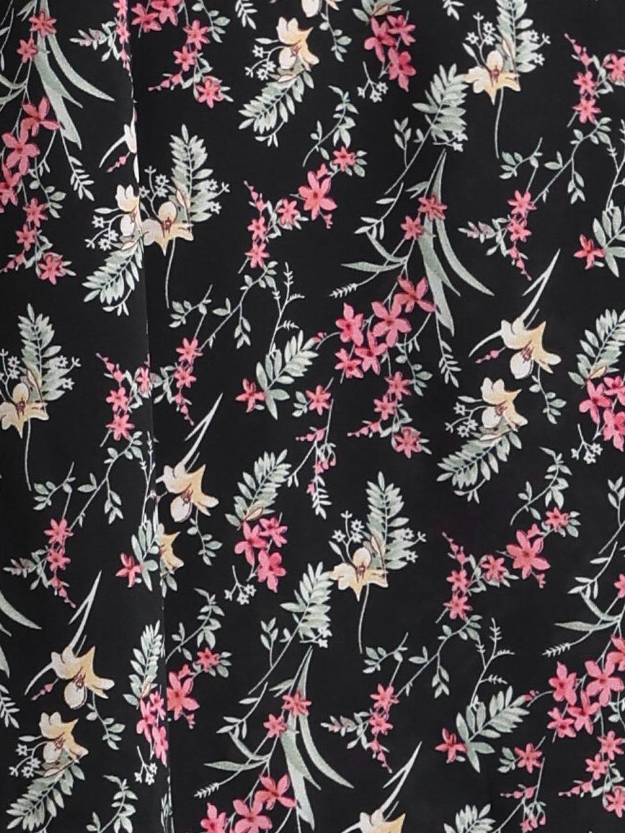Tie Neck Chiffon Long Sleeve Belted Vintage Floral Dress