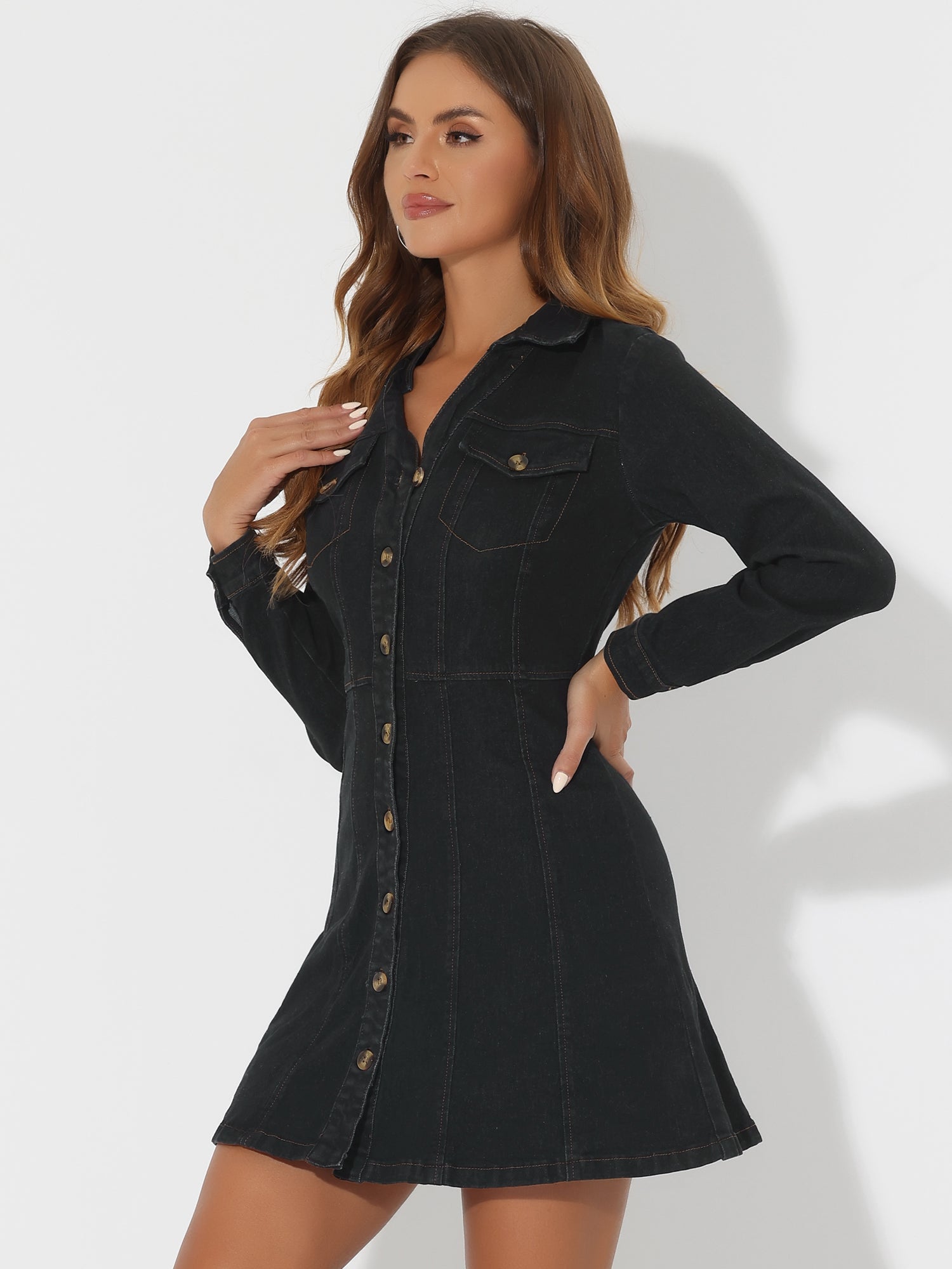Button Down Collar V Neck Long Sleeve A-line Jean Denim Dress