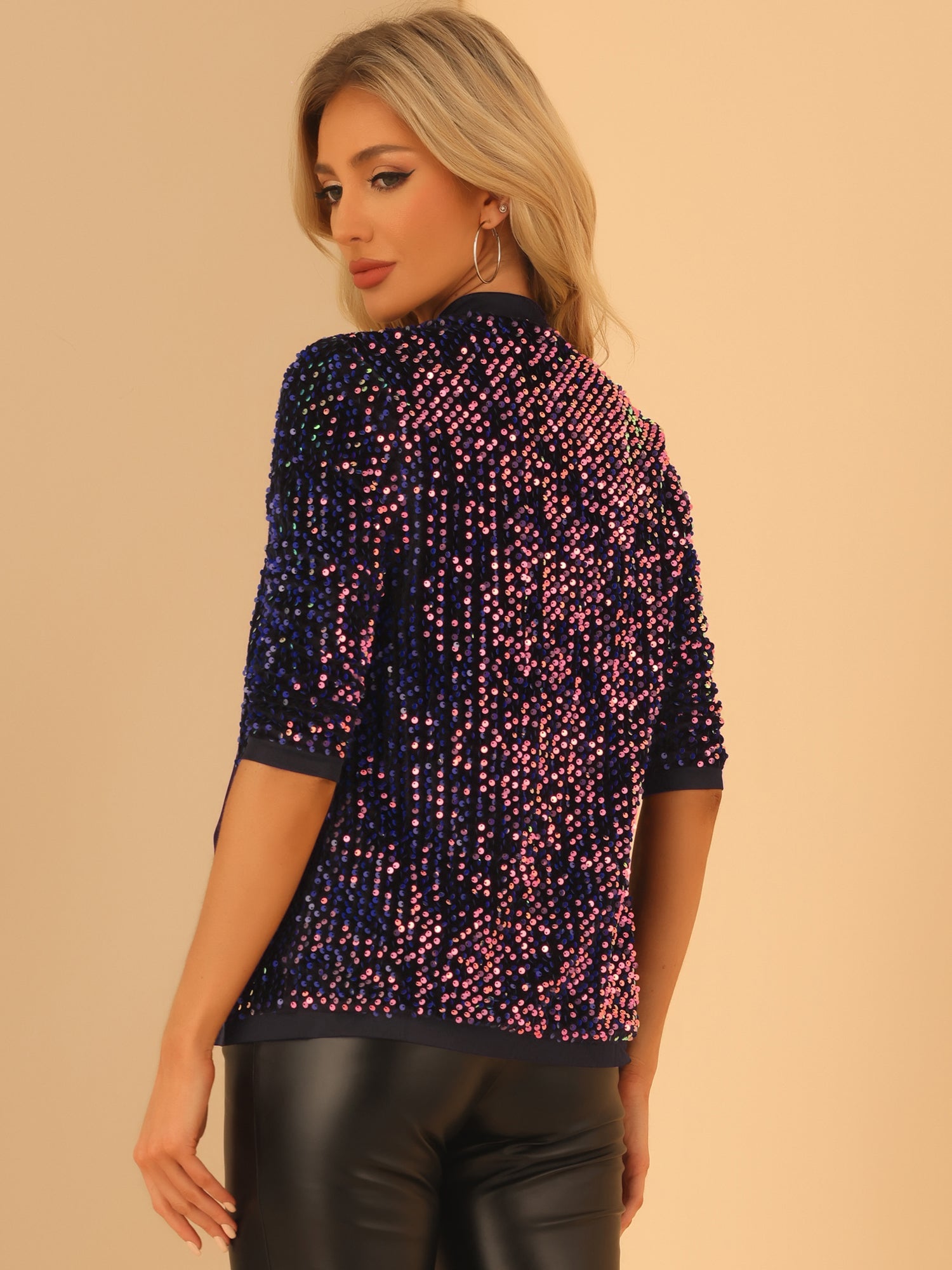 Sequin Open Front Collarless 3/4 Sleeve Velvet Jacket