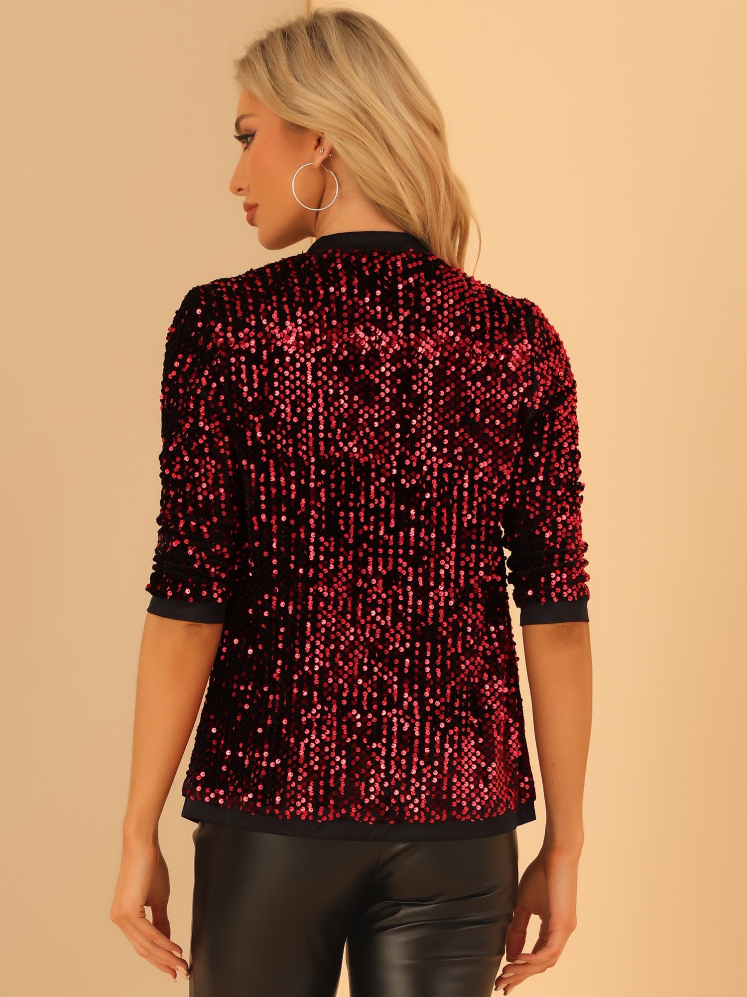 Sequin Open Front Collarless 3/4 Sleeve Velvet Jacket
